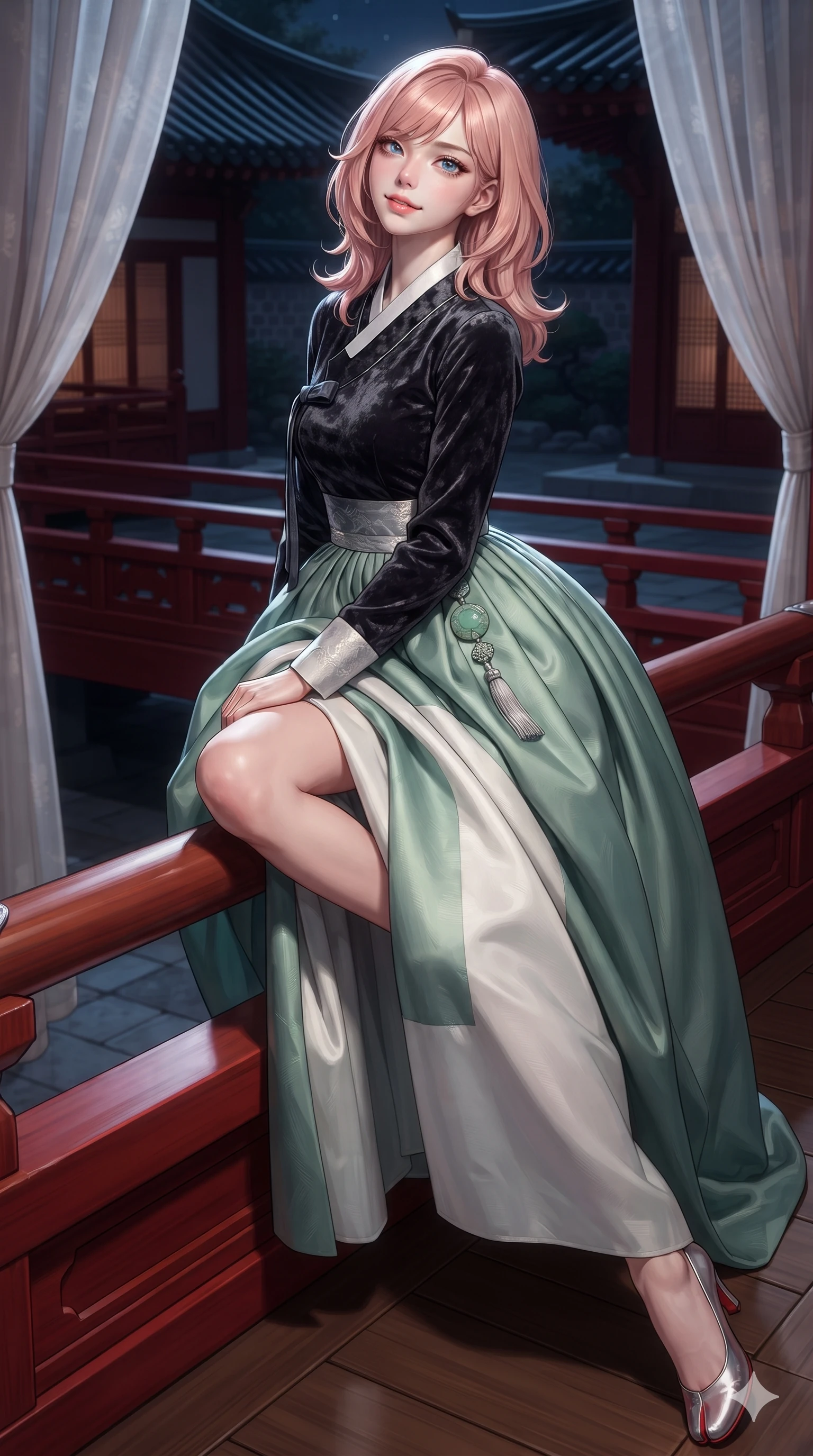 score_9, masterpiece, best quality, ultra-detailed, high-budget anime keyframe, editorial fashion photography, tasteful artistic composition, Japanese woman. low angle full-body shot from head to toe showing her feet, filling the entire 9:16 vertical frame with her statuesque presence, stretching her vertical silhouette. sitting poised on the stone steps with one knee bent, arching her spine with supermodel elegance as she glances upward through thick eyelashes while sitting poised on the polished wooden railing with one knee bent, arching her spine with supermodel elegance against the moonlit courtyard. The surrounding environment is rendered in vivid detail and crisp panoramic clarity: sharp red lacquer gloss on railings, sheer silk curtain weave transparency, and carved wooden floor joists in deep focus. She has an absolutely perfect, statuesque 8.5-heads proportion, an exceptionally tall and slender model-like female figure with impossibly long slender legs, an ultra-slim waist, a flat toned midriff, narrow delicate ribcage, and beautifully sculpted feminine hips creating a graceful, slim hourglass silhouette without any bulky heaviness. sharp v-shaped jawline, high-bridge nose, sparkling eyes with hypnotic seductive depth, thick curled eyelashes, glossy parted lips with a natural dewy peach sheen, alluring bedroom-eyes with an enchanting coquettish smile, exuding magnetic siren charisma and sophisticated glamour, flawlessly proportioned anatomical accuracy, strict slender model proportions, natural body alignment, perfectly sculpted long slender limbs, ultra-slim waistline, clean dynamic posture without body distortion. wearing a tailored silk faille evening gown with traditional curved dongjeong collar and tailored sleeves in moonlit jade green and pure alabaster white with silver accents, tailored from crushed dark velvet with deep light-absorbing plush texture, finished with authentic carved jade pendants and traditional norigae knots, the impeccably tailored cut draping gracefully along her slender figure with aristocratic eastern poise. illuminated by timber floor bounce and sharp silver-vermilion rim lights defining her razor-sharp jawline, narrow waist, and curvy hips. ultra-reflective glossy finish, specular highlights, rich textural contrasts, high-contrast stereoscopic depth, volumetric dynamic lighting, 2k, ultra detail, master piece, 9:16 ratio