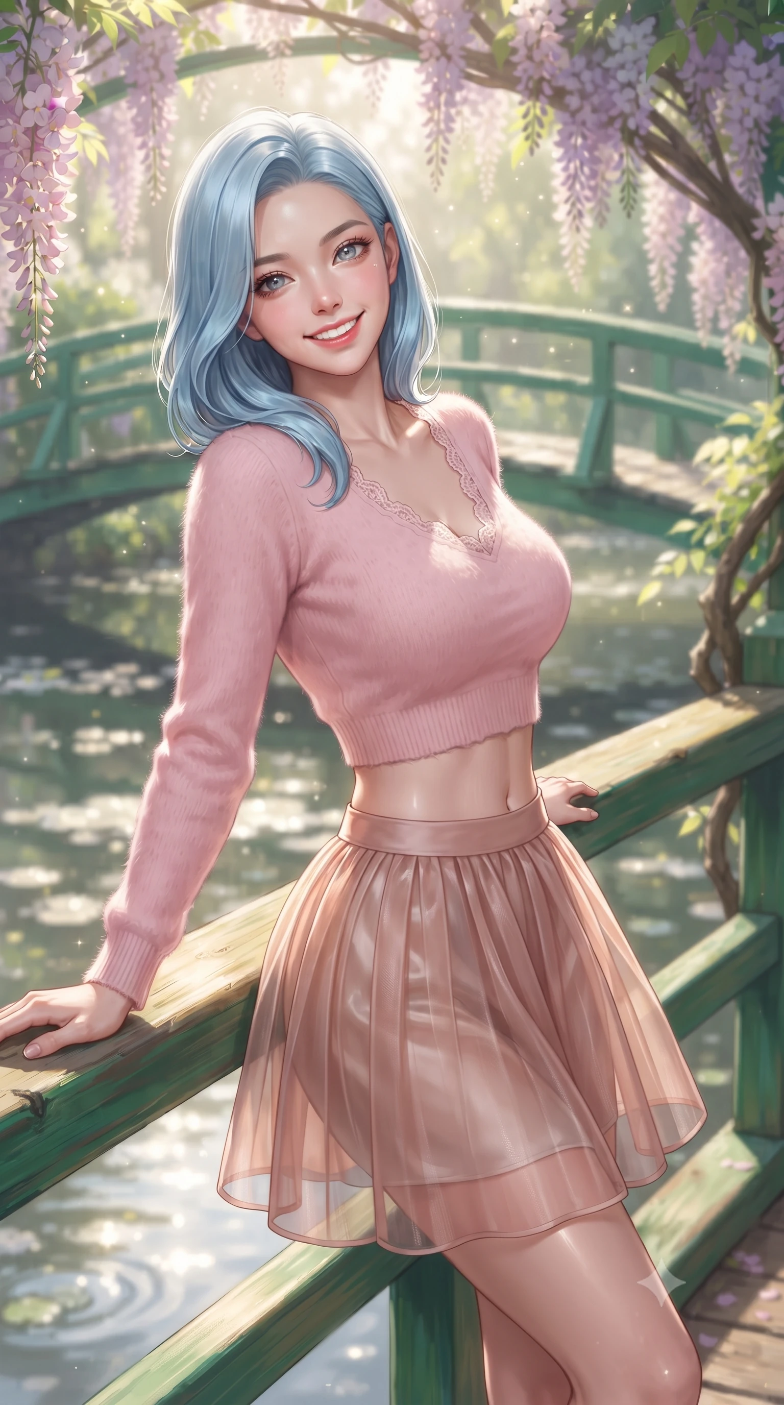 score_9, masterpiece, best quality, ultra-detailed, high-budget anime keyframe, editorial fashion photography, tasteful artistic composition, Korean woman. close-up cowboy shot from the waist and thighs up, the character dominates the composition, filling the frame with her large presence. leaning back against the sunlit railing with relaxed seductive grace, her flat midriff and narrow waist highlighted as she smiles brightly with bewitching eyes while pausing gracefully at the center of the iconic green arched wooden bridge draped in wisteria, arching her back with an enchanting, bright cute smile. The composition keeps background elements in soft focus with dreamy creamy bokeh. sun-dappled pond reflections and gentle water ripples softened in impressionist romantic shallow focus. She has an exceptionally elegant, slender, and willowy female figure with an ultra-slim waist, flat toned midriff, narrow ribcage, and sculpted feminine hips creating an alluring, slim hourglass silhouette without bulk. sharp v-shaped jawline, high-bridge nose, intricate jewel-like sparkling eyes with depth, thick eyelashes, glossy parted lips with a natural peach sheen, bright cheerful beaming smile with an enchanting and coquettish sensual glint, exuding both youthful cute charm and seductive allure, flawlessly proportioned anatomical accuracy, strict slender model proportions, natural body alignment, perfectly sculpted long slender limbs, ultra-slim waistline, clean dynamic posture without body distortion. wearing a soft angora crop knit sweater with a sheer pleated organza mini skirt over an opaque silk slip in cherry blossom pink and soft rose gold, crafted from soft breathable linen with effortless natural drape, finished with delicate lace scallop edging along the neckline, the high-waisted tailoring accentuating her ultra-slim waistline and the enchanting curve of her feminine hips with alluring charm. bathed in soft, radiant morning French sunshine filtering through wisteria blossoms. ultra-reflective glossy finish, specular highlights, rich textural contrasts, high-contrast stereoscopic depth, volumetric dynamic lighting, 2k, ultra detail, master piece, 9:16 ratio