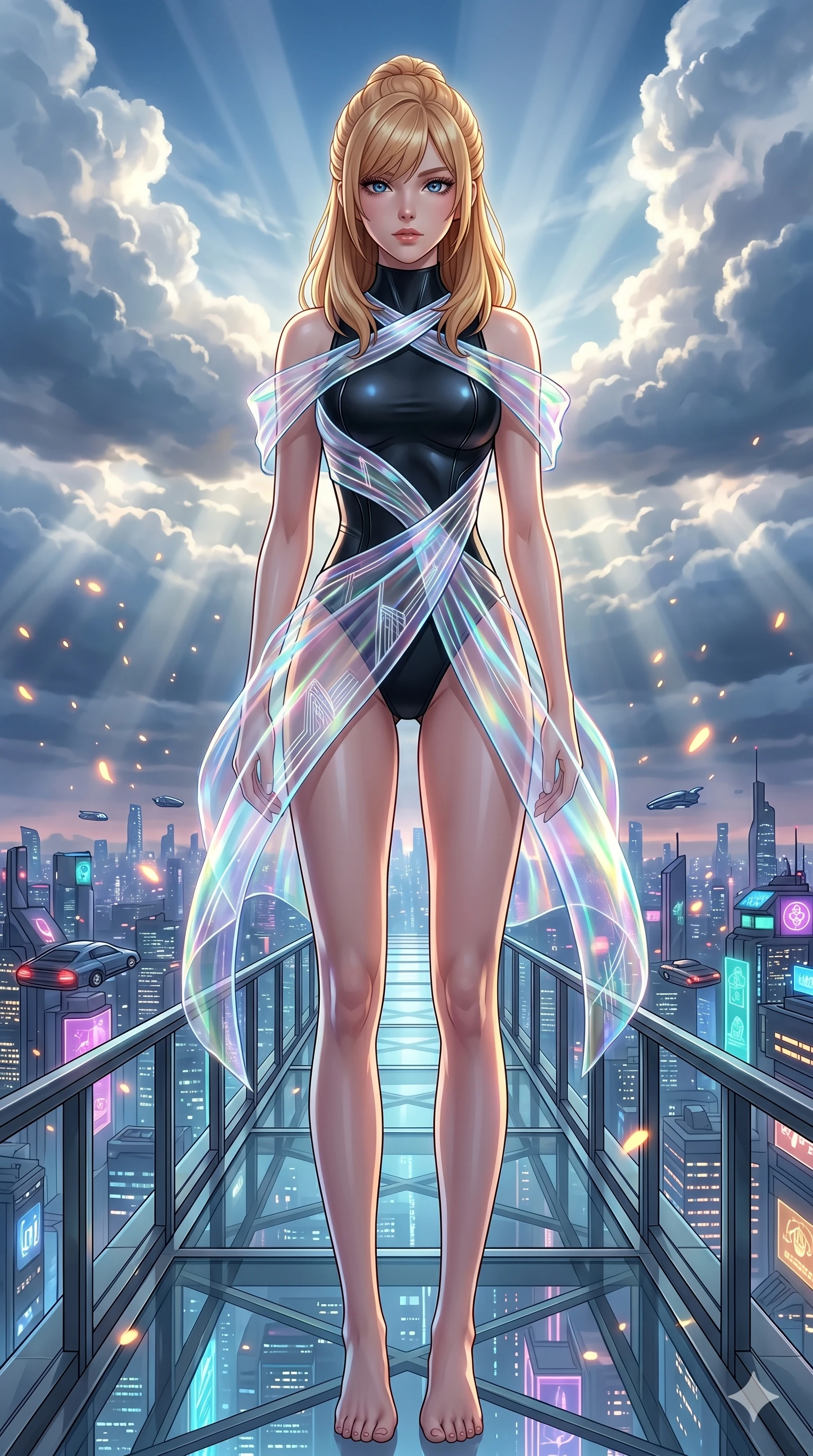 score_9, masterpiece, best quality, ultra-detailed, high-budget anime keyframe, editorial fashion photography, tasteful artistic composition, Caucasian woman, strictly human ears. low angle full-body shot from head to toe showing her feet, filling the entire 9:16 vertical frame with her statuesque presence, stretching her vertical silhouette. diving deep into on a futuristic sky bridge overlooking a sprawling neon mega-city with flying vehicles while bioluminescent spores drift upward like warm embers. She has an absolutely perfect 8-heads proportion, an exceptionally tall and slender female figure with impossibly long slender legs and an ultra-slim waist. V-shaped jawline, high-bridge nose, intricate jewel-like eyes with depth, thick eyelashes, glossy lips with a natural sheen.. wearing a cybernetic bodysuit with a holographic ribbon, featuring a sculpted sleek black performance bodysuit wrapped in a translucent flowing holographic organza ribbon. bathed in dramatic god rays filtering through clouds with high specular highlights along her silhouette. 2k, ultra detail, master piece, 9:16 ratio