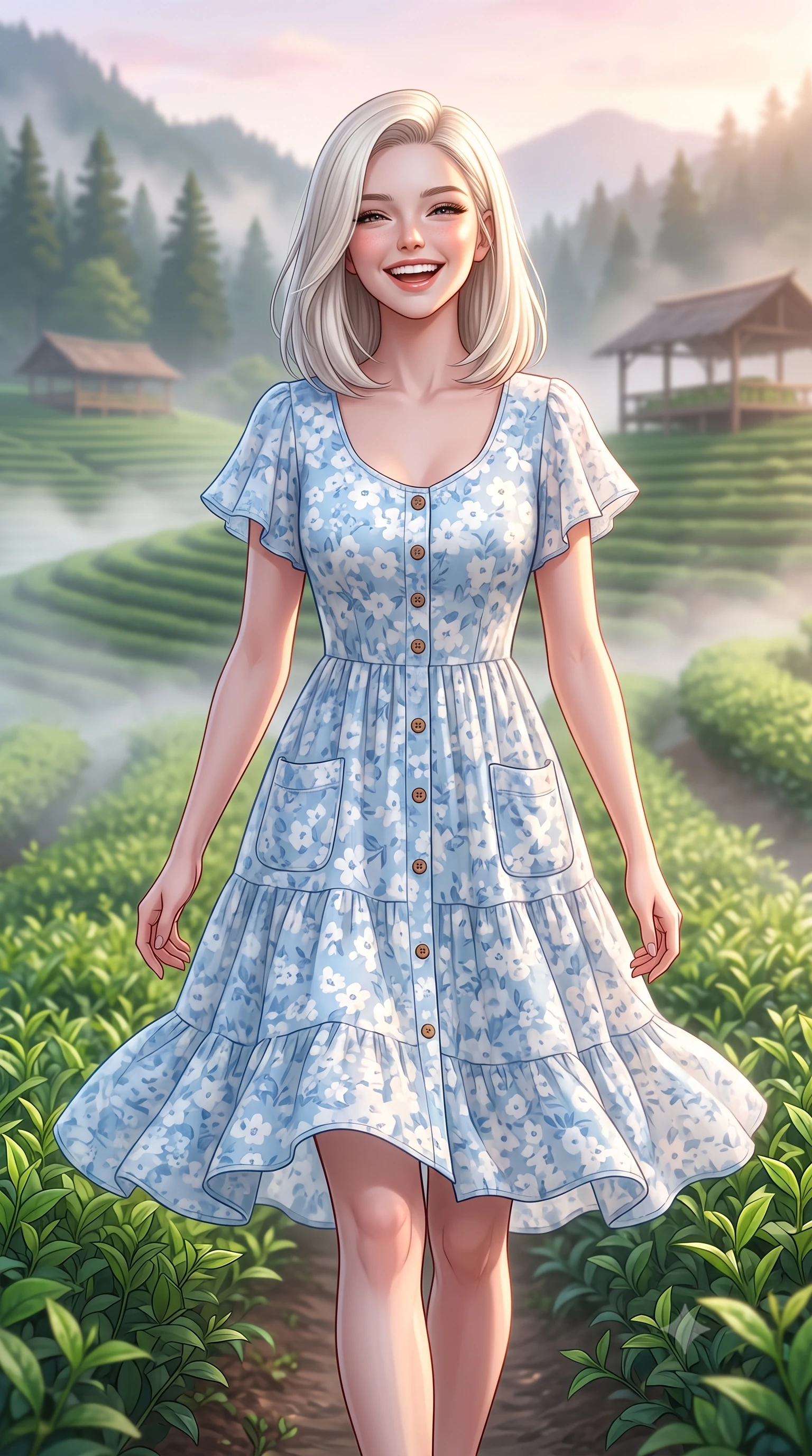 score_9, masterpiece, best quality, ultra-detailed, high-budget anime keyframe, semi-realistic 3D game render, editorial fashion photography, tasteful artistic composition, Caucasian woman. close-up cowboy shot from the waist and thighs up, the character dominates the composition, filling the frame with her large presence. laughing cheerfully with genuine delight, eyes crinkling sweetly as natural golden sunlight illuminates her glowing cheeks while walking gracefully along terraced emerald green tea rows as gentle morning mist swirls around her steps. The composition keeps background elements in soft focus with creamy bokeh. distant pine-covered mountain peaks and rustic tea drying pavilions softened in atmospheric depth. She has an exceptionally elegant, slender, and willowy female figure with an ultra-slim waist, a gracefully sculpted slender torso, toned flat midriff, and a refined slim silhouette. sharp v-shaped jawline, high-bridge nose, intricate jewel-like eyes with depth, thick eyelashes, glossy lips with a natural sheen, pure and lovely fresh girlhood expression, flawlessly proportioned anatomical accuracy, strict slender model proportions, natural body alignment, perfectly sculpted long slender limbs, ultra-slim waistline, clean dynamic posture without body distortion. wearing a breezy tiered chiffon sundress with delicate floral print and short flutter sleeves in gentle baby blue and cloud white, knitted from ultra-soft cozy baby-cashmere yarn, finished with neat natural wooden buttons and patch pocket details, the breezy lightweight fabric fluttering softly against her delicate collarbones, narrow waist, and feminine curves. bathed in soft pastel pink and golden dawn sunrise light breaking through rolling morning mist. highly saturated vibrant anime colors, detailed shading with soft gradients, rich glossy textures, high-contrast stereoscopic depth, volumetric dynamic lighting, master piece, 9:16 ratio