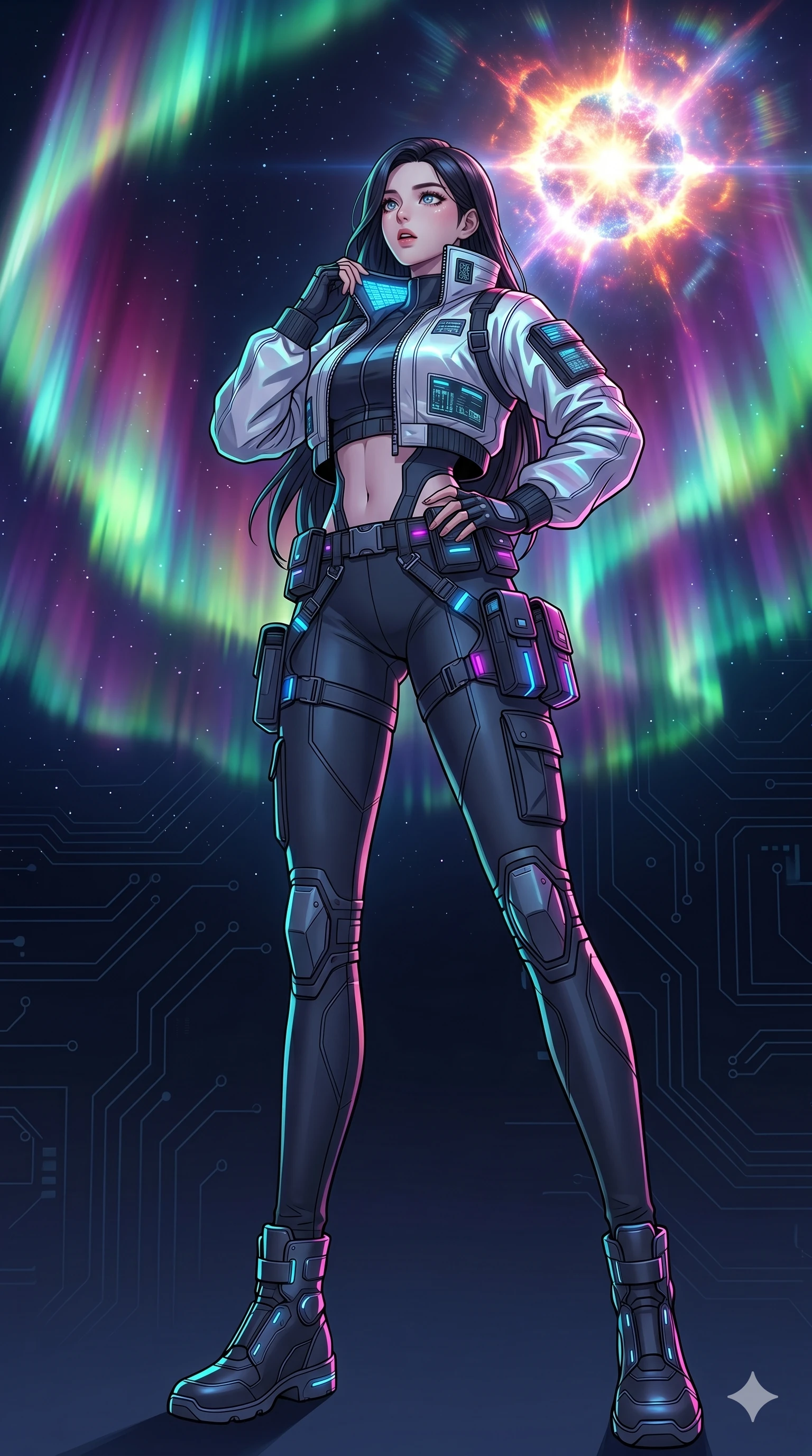 score_9, masterpiece, best quality, ultra-detailed, high-budget anime movie keyframe, cinematic anime lighting, intricate line art, Korean woman. Low angle cowboy shot filling the entire 9:16 frame with her statuesque presence. observing a supernova in a minimalist digital void amidst aurora borealis. She has an absolutely perfect 8-heads proportion, an exceptionally tall and slender female figure with an ultra-slim waist and impossibly long slender legs. sharp v-shaped jawline, high-bridge nose, intricate jewel-like eyes, thick eyelashes, glossy lips. Wearing modern urban tech-wear ensemble with a cropped reflective bomber jacket, ultra-slim high-waisted cargo leggings, and tactical harness with neon-lit pouches. The scene is illuminated by dramatic atmospheric lighting and vibrant color palettes. , 2k, ultra detail, master piece, 9:16 ratio