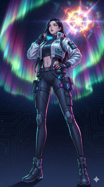 score_9, masterpiece, best quality, ultra-detailed, high-budget anime movie keyframe, cinematic anime lighting, intricate line art, Korean woman. Low angle cowboy shot filling the entire 9:16 frame with her statuesque presence. observing a supernova 