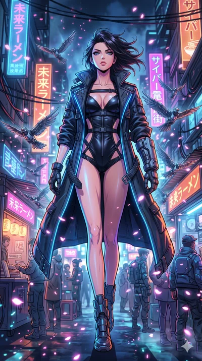 score_9, masterpiece, best quality, ultra-detailed, Set A: High-budget Anime Keyframe, Japanese woman. Low angle cowboy shot filling the entire 9:16 frame with her statuesque presence. Standing victoriously through a futuristic night market, surround