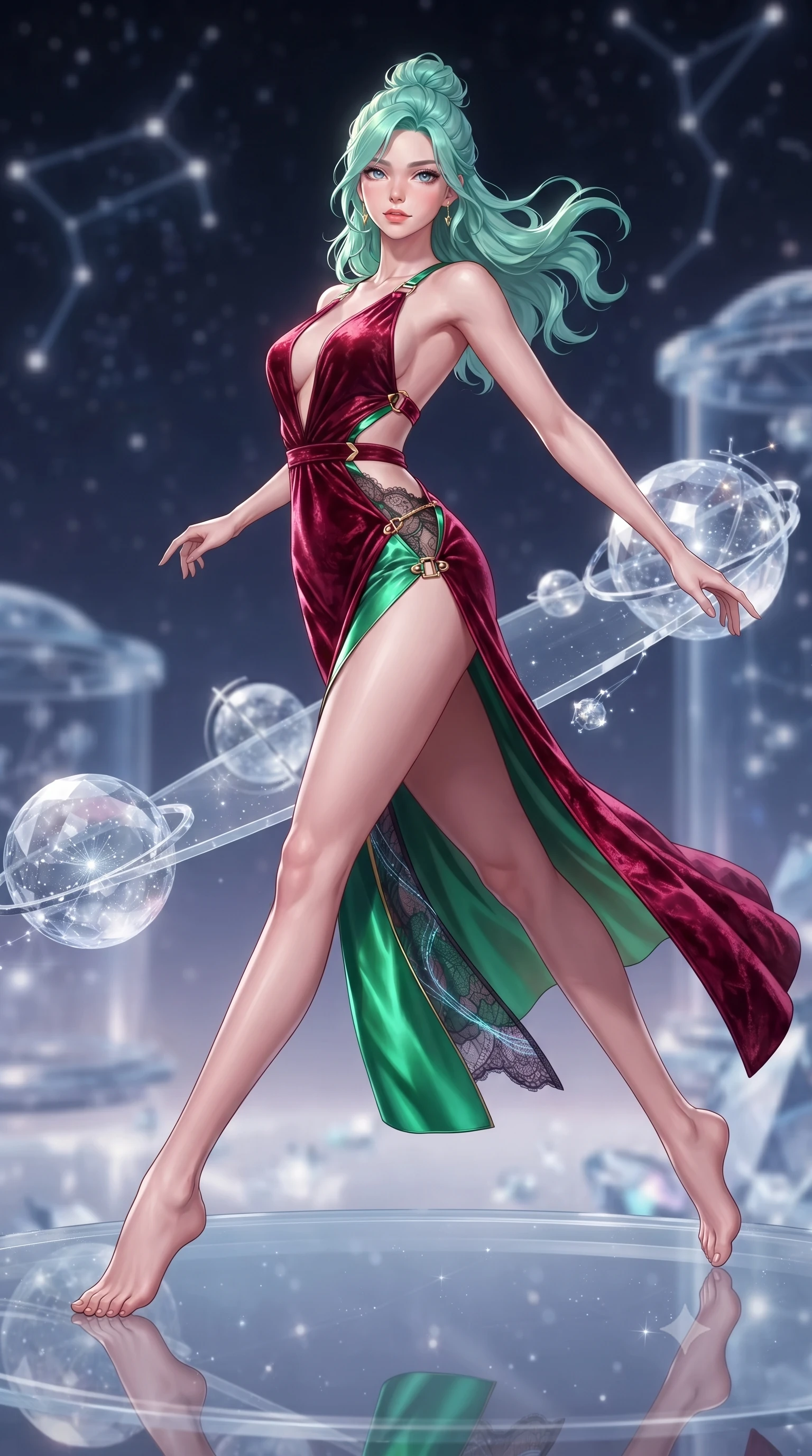 score_9, masterpiece, best quality, ultra-detailed, high-budget anime keyframe, editorial fashion photography, tasteful artistic composition, Japanese woman. low angle full-body shot from head to toe showing her feet, filling the entire 9:16 vertical frame with her statuesque presence, stretching her vertical silhouette. leaping through mid-air with an athletic yet alluring arch of her spine, her impossibly long slender legs stretched in flawless poise while stepping gracefully along a translucent starlight runway connecting orbiting crystalline observatory spheres. The composition keeps background elements in soft focus with creamy bokeh. diamond-glass platforms and orbiting star clusters softened in smooth cosmic atmospheric focus. She has an absolutely perfect, statuesque 8.5-heads proportion, an exceptionally tall and slender model-like female figure with impossibly long slender legs, a toned flat midriff, and an ultra-slim waist. sharp v-shaped jawline, high-bridge nose, intricate jewel-like eyes with depth, thick eyelashes, glossy lips with a natural sheen, flawlessly proportioned anatomical accuracy, strict slender model proportions, natural body alignment, perfectly sculpted long slender limbs, ultra-slim waistline, clean dynamic posture without body distortion. wearing a backless crimson crushed velvet gown with a deep plunging V-neckline, strategic hip cutouts, and an ultra-high thigh slit in bright emerald green satin and gold hardware, crafted from delicate dark lace interwoven with luminescent micro-fibers, finished with an ultra-high side slit secured by miniature magnetic clasps, the sleek second-skin cut tightly hugging her graceful clavicle, narrow waist, and feminine curves with athletic precision. illuminated by crisp diamond-specular highlights tracing her sculpted collarbones, waist, and slender limbs. ultra-reflective glossy finish, specular highlights, metallic sheen, high-contrast stereoscopic depth, volumetric dynamic lighting, 2k, ultra detail, master piece, 9:16 ratio