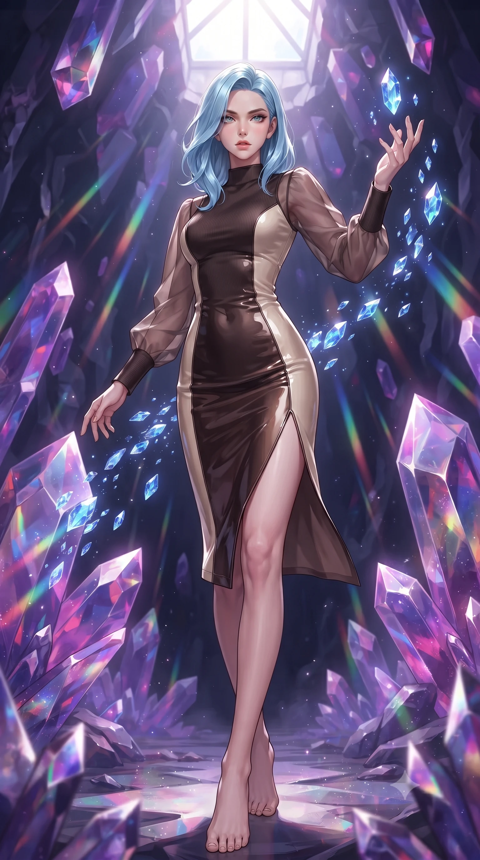 score_9, masterpiece, best quality, ultra-detailed, high-budget anime keyframe, editorial fashion photography, tasteful artistic composition, Korean woman. low angle full-body shot from head to toe showing her feet, filling the entire 9:16 vertical frame with her statuesque presence, stretching her vertical silhouette. forging dynamically through the scene, her vertical silhouette beautifully stretched guiding floating sapphire light crystals inside a deep mineral sanctuary, massive violet and magenta crystal facets scattering prismatic light rays. She has an absolutely perfect, statuesque 8.5-heads proportion, an exceptionally tall and slender model-like female figure with impossibly long slender legs and an ultra-slim waist. sharp v-shaped jawline, high-bridge nose, intricate jewel-like eyes with depth, thick eyelashes, glossy lips with a natural sheen. wearing a sleek bodycon knit dress with sheer organza sleeve panels in espresso brown and warm cream, tailored from high-gloss patent leather, finished with a sleek side slit ascending to mid-thigh, the elegant draped fit framing her graceful clavicle and slender torso. bathed in brilliant prismatic light filtering from a natural cavern skylight. ultra-reflective glossy finish, specular highlights, metallic sheen, high-contrast stereoscopic depth, volumetric dynamic lighting, 2k, ultra detail, master piece, 9:16 ratio