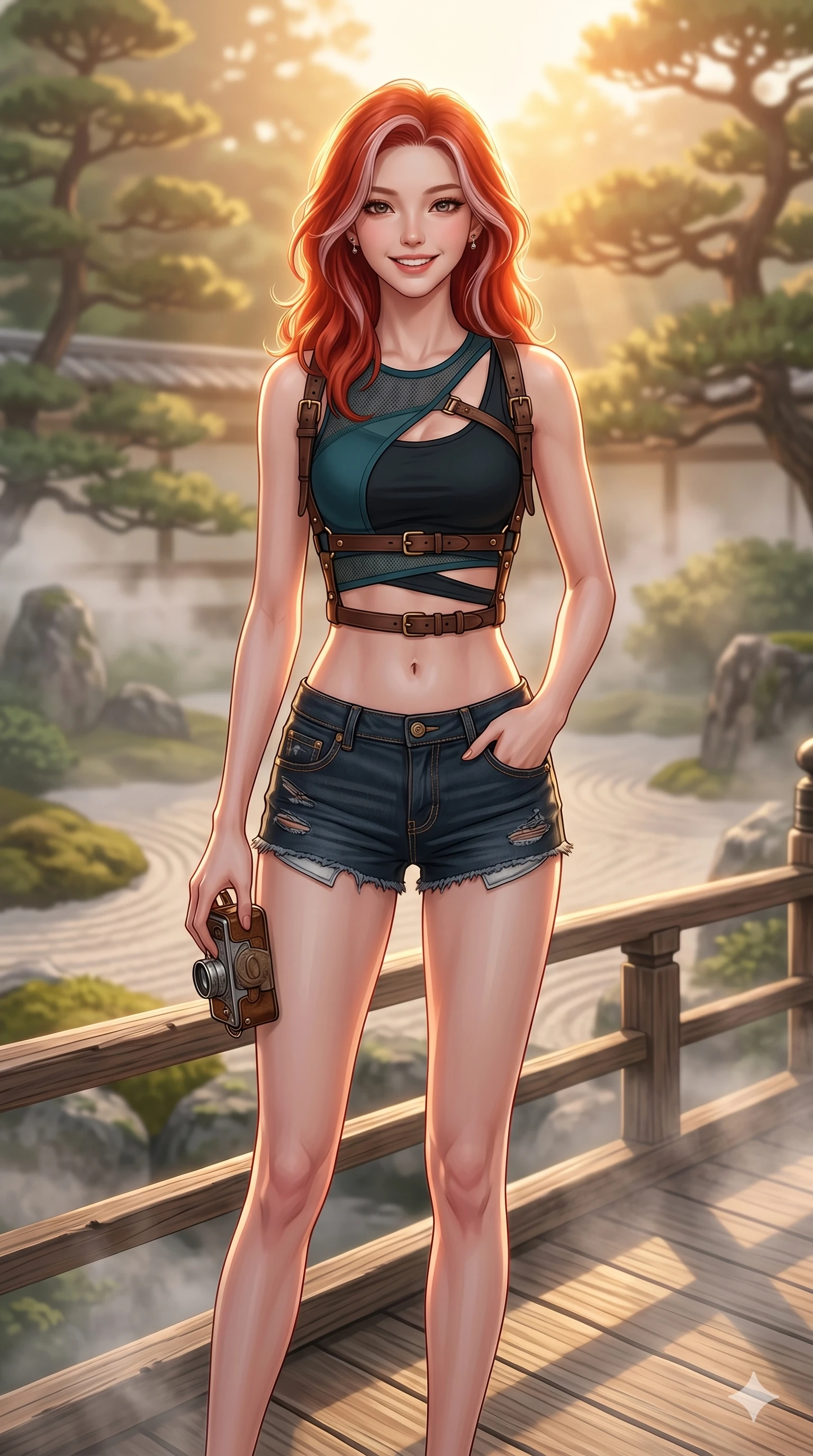 score_9, masterpiece, best quality, ultra-detailed, high-budget anime keyframe, editorial fashion photography, tasteful artistic composition, Caucasian woman, strictly human ears. cowboy shot from the thighs up, character and outfit filling the frame for maximum editorial presence. posing with quiet magnetic self-assurance, looking directly into the lens with a grin on a wooden bridge in a traditional Japanese garden with mist rising softly (Code-P18-128). She has an absolutely perfect 8-heads proportion, an exceptionally tall and slender female figure with impossibly long slender legs and an ultra-slim waist. V-shaped jawline, high-bridge nose, intricate jewel-like eyes with depth, thick eyelashes, glossy lips with a natural sheen. wearing a leather harness over crop top and micro-shorts. bathed in warm golden afternoon sunbeams, casting a warm glowing aura on her. 2k, ultra detail, master piece, 9:16 ratio