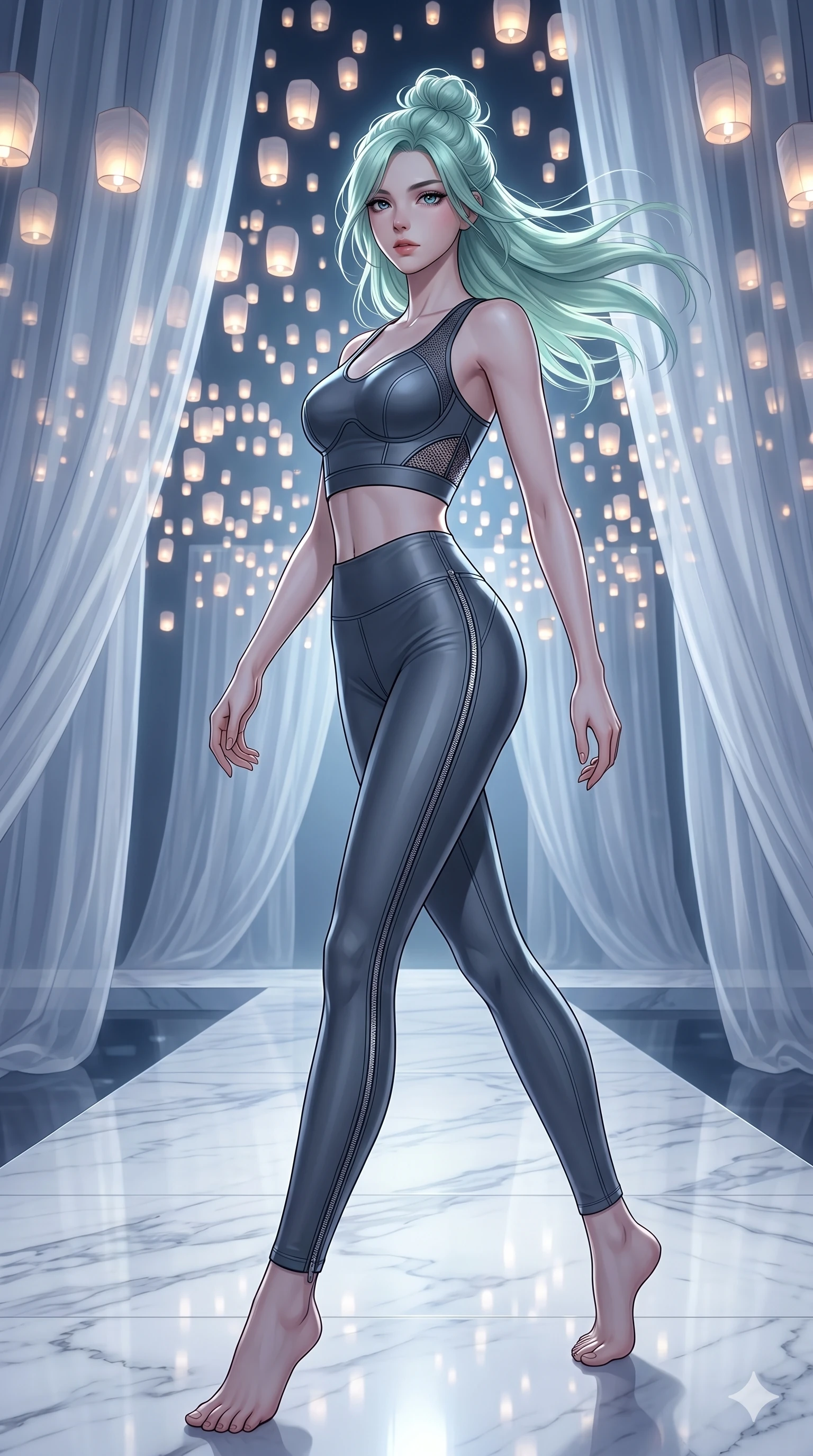score_9, masterpiece, best quality, ultra-detailed, high-budget anime keyframe, editorial fashion photography, tasteful artistic composition, Japanese woman. low angle full-body shot from head to toe showing her feet, filling the entire 9:16 vertical frame with her statuesque presence, stretching her vertical silhouette. Pivoting sharply mid-step with hair sweeping dramatically behind on a runway of polished white marble under a canopy of thousands of floating luminous lanterns. She has an absolutely perfect 8-heads proportion, an exceptionally tall and slender female figure with impossibly long slender legs and an ultra-slim waist. V-shaped jawline, high-bridge nose, intricate jewel-like eyes with depth, thick eyelashes, glossy lips with a natural sheen. wearing a high-performance fitted crop sports top in deep chrome grey with sculpted structured cups and a bold graphic mesh insert at the sides, paired with matching high-waist compression leggings with side chrome zip details. bathed in cold silver moonlight filtered through translucent gossamer curtains casting soft shadows on her curves. 2k, ultra detail, master piece, 9:16 ratio