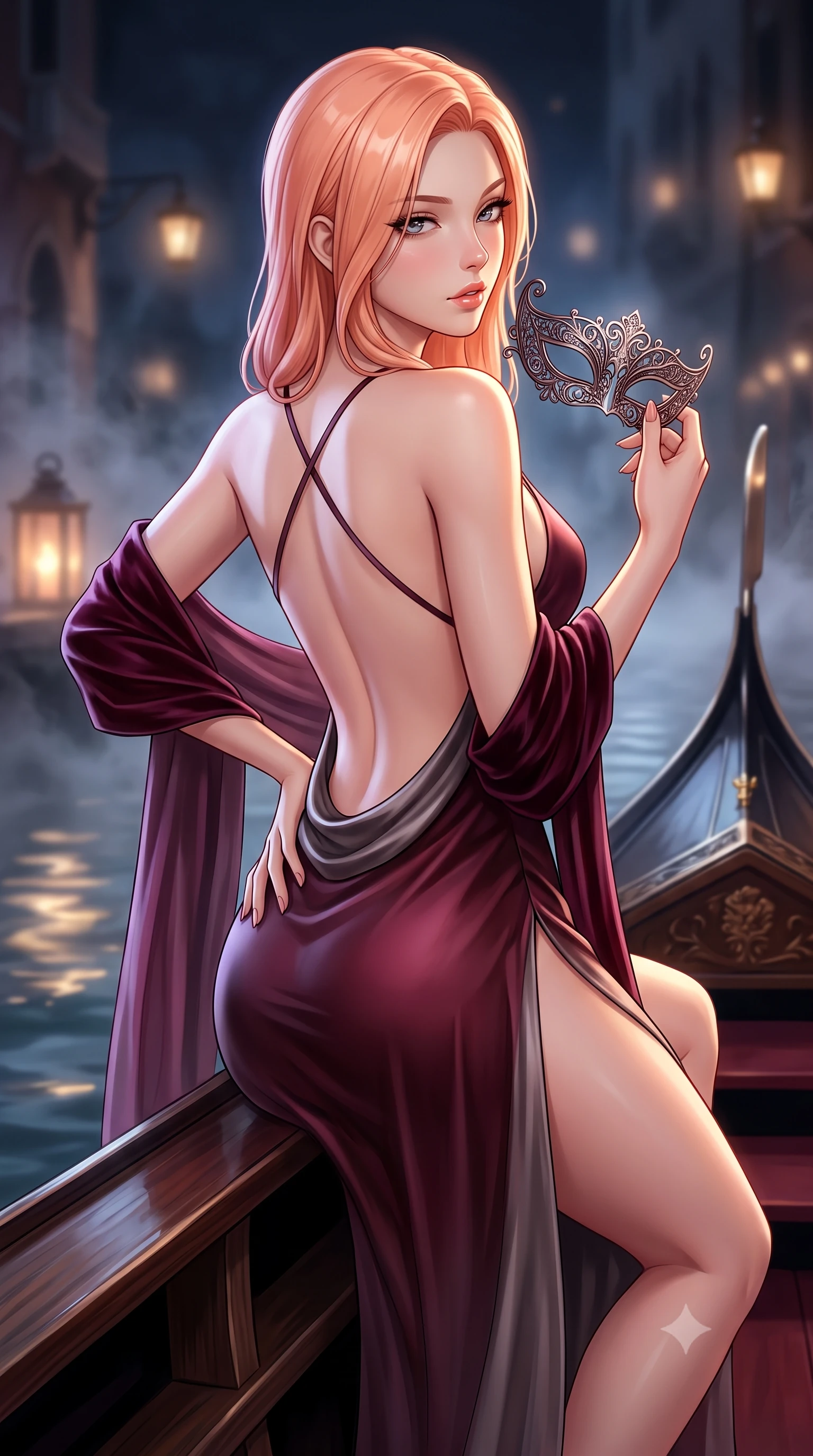 score_9, masterpiece, best quality, ultra-detailed, high-budget anime keyframe, semi-realistic 3D game render, editorial fashion photography, tasteful artistic composition, Japanese woman. close-up cowboy shot from the waist and thighs up, the character dominates the composition, filling the frame with her large presence. posing in an alluring rear three-quarter angle, arching her lower back in a pronounced S-curve with one hand on her hip, glancing seductively over her bare shoulder with parted glossy lips while perching sideways on the polished wood gondola gunwale, looking back over a bare shoulder with an alluring, teasing smile as she holds an ornate filigree mask. The composition keeps background elements in soft focus with creamy bokeh. swirling canal mist and flickering lantern glows softened in romantic shallow focus. She has an exceptionally elegant, slender, and willowy female figure with an ultra-slim waist, flat toned midriff, narrow ribcage, and sculpted feminine hips creating an alluring, slim hourglass silhouette without bulk. sharp v-shaped jawline, high-bridge nose, intricate jewel-like eyes with depth, thick eyelashes, glossy parted lips with a natural sheen, intensely captivating and seductive bedroom-eyes expression, flawlessly proportioned anatomical accuracy, strict slender model proportions, natural body alignment, perfectly sculpted long slender limbs, ultra-slim waistline, clean dynamic posture without body distortion. wearing a backless cowl-neck satin slip dress featuring high-cut side hip slits and delicate criss-cross back straps in deep wine burgundy and brushed dark platinum, woven from layered gossamer chiffon with a weightless sweeping drape, complemented by a plush velvet shawl draped loosely over her elbows, the dramatically scooped open back descending to the base of her spine, accentuating her razor-sharp statuesque lines and slim hourglass silhouette. illuminated by crisp specular highlights defining her slender neckline, ultra-slim waist, and curvy hips. highly saturated vibrant anime colors, detailed shading with soft gradients, rich glossy textures, high-contrast stereoscopic depth, volumetric dynamic lighting, master piece, 9:16 ratio