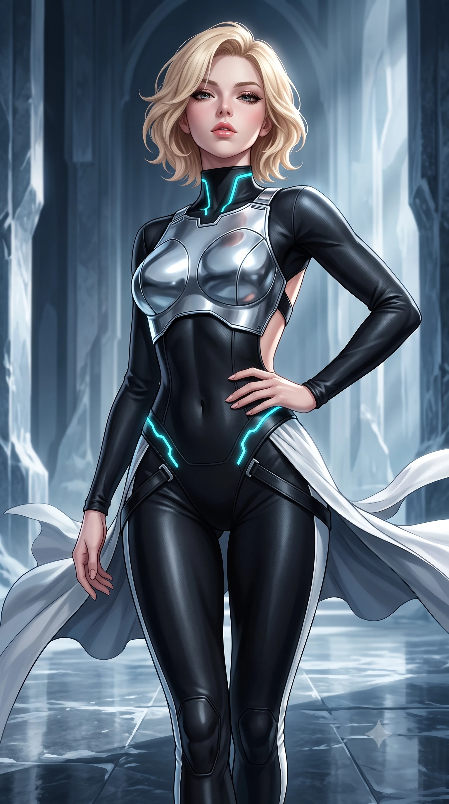 score_9, masterpiece, best quality, ultra-detailed, high-budget anime keyframe, semi-realistic 3D game render, editorial fashion photography, tasteful artistic composition, Caucasian woman. close-up cowboy shot from the waist and thighs up, the character dominates the composition, filling the frame with her large presence. tilting her chin up with proud, sovereign allure while gazing through thick eyelashes, one hand resting on her waist in pure supermodel charisma while striding across the reflective frozen stone temple floor, hips swaying in an alluring rhythm as gale-force winds whip her silk drapery. The surrounding environment is rendered in vivid detail and crisp panoramic clarity. monumental high-contrast Nordic sci-fi chiaroscuro and mythic glacial architecture in precision. She has an exceptionally elegant, slender, and willowy female figure with an ultra-slim waist, a gracefully sculpted slender torso, toned flat midriff, and rounded feminine hips creating an alluring hourglass silhouette. sharp v-shaped jawline, high-bridge nose, intricate jewel-like eyes with depth, thick eyelashes, glossy parted lips with a natural sheen, intensely captivating and seductive bedroom-eyes expression, flawlessly proportioned anatomical accuracy, strict slender model proportions, natural body alignment, perfectly sculpted long slender limbs, ultra-slim waistline, clean dynamic posture without body distortion. wearing a sleek chrome armor breastplate worn over a second-skin black catsuit with open back and hip harness in high-contrast black ski leather and arctic white, tailored from water-resistant treated wool gabardine and flexible Kevlar, accented with glowing cyan LED circuit lines tracing her hip bones and collarbones, the form-contouring material adhering flawlessly to her sculpted flat midriff and slender torso, emphasizing her long leg lines and perfectly proportioned willowy build. illuminated by crisp metallic specular reflections sharply defining her sculpted waist, bare spine, and curvy hips. highly saturated vibrant anime colors, detailed shading with soft gradients, rich glossy textures, high-contrast stereoscopic depth, volumetric dynamic lighting, master piece, 9:16 ratio