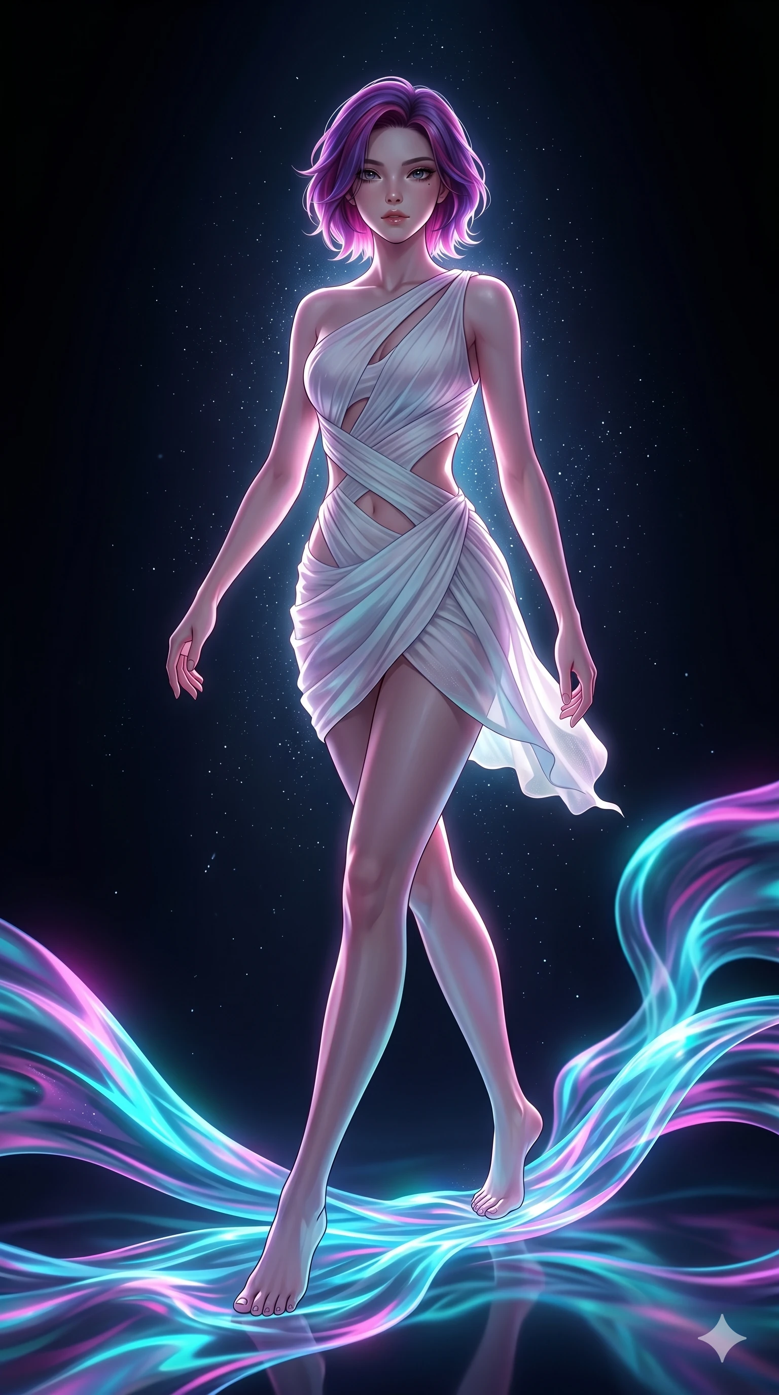 score_9, masterpiece, best quality, ultra-detailed, high-budget anime keyframe, Korean woman. low angle full-body shot filling the entire 9:16 frame with her statuesque presence, stretching the vertical silhouette. stepping on holographic fluid ribbons of sound that ripple with cyan and magenta light in a dark virtual void. She has an absolutely perfect 8-heads proportion, an exceptionally tall and slender female figure with impossibly long slender legs and an ultra-slim waist. V-shaped jawline, high-bridge nose, intricate jewel-like eyes with depth, thick eyelashes, glossy lips with a natural sheen.. wearing an asymmetric chiffon draped couture mini dress, featuring draped white chiffon fabric twisting around her body with elegant diamond cutouts on the waist. illuminated by dramatic chiaroscuro casting soft shadows along her curves, with vibrant backlighting highlighting the dust particles. 2k, ultra detail, master piece, 9:16 ratio