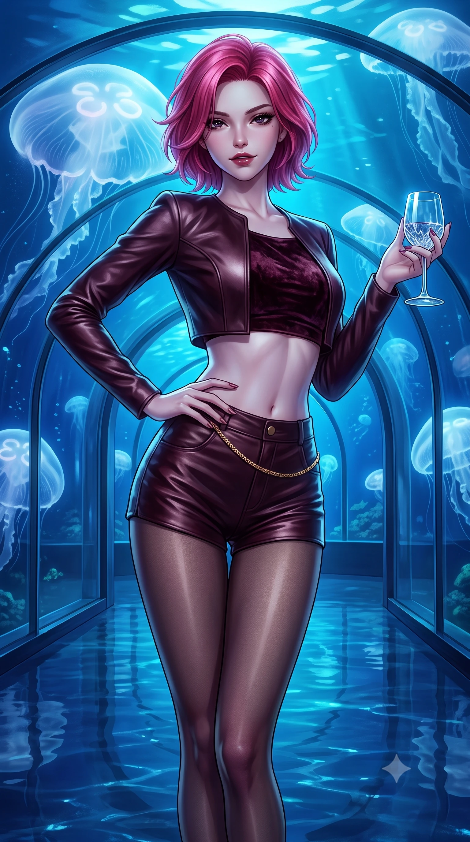 score_9, masterpiece, best quality, ultra-detailed, high-budget anime keyframe, semi-realistic 3D game render, editorial fashion photography, tasteful artistic composition, Caucasian woman. close-up cowboy shot from the waist and thighs up, the character dominates the composition, filling the frame with her large presence. twisting her slender torso in an alluring contrapposto stance, one hand resting on her sculpted hip while holding a crystal glass with effortless poise while standing centered within the curved acrylic tunnel as colossal translucent moon jellyfish pulse silently, arching her back with an ethereal, sovereign expression. The surrounding environment is rendered in vivid detail and crisp panoramic clarity. detailed glossy outfit reflections, delicate skin highlights, and aquarium tunnel architecture in high clarity. She has an exceptionally elegant, slender, and willowy female figure with an ultra-slim waist, flat toned midriff, narrow ribcage, and sculpted feminine hips creating an alluring, slim hourglass silhouette without bulk. sharp v-shaped jawline, high-bridge nose, intricate jewel-like dark sparkling eyes with dangerous depth, thick curled eyelashes, glossy parted lips with a rich wine sheen, smoldering seductive half-smile with bedroom-eyes, exuding effortless superiority and intoxicating dark allure, flawlessly proportioned anatomical accuracy, strict slender model proportions, natural body alignment, perfectly sculpted long slender limbs, ultra-slim waistline, clean dynamic posture without body distortion. wearing a chic cropped lambskin leather bolero jacket paired with high-waisted leather micro-shorts and sheer black hosiery in dark mulberry wine and antique champagne, tailored from crushed dark velvet with deep light-absorbing plush texture, finished with a delicate gold snake chain belt resting loosely across her curvy hips, the glove-like silhouette tightly following the natural contour of her hips and long slender legs with youthful 8.5-heads elegance. bathed in deep ethereal sapphire and cyan bioluminescent ambient glow radiating from all sides. highly saturated vibrant anime colors, detailed shading with soft gradients, rich glossy textures, high-contrast stereoscopic depth, volumetric dynamic lighting, master piece, 9:16 ratio