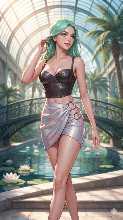 Japanese woman. gently brushing a lock of glossy hair behind her ear while casting a playful, flirtatious side-gaze with long eyelashes while walking slowly down the bridge steps with feline poise, her long slender legs and curvy hourglass hips commanding the grand water conservatory. The background shows a soft-focus arched iron bridges,...