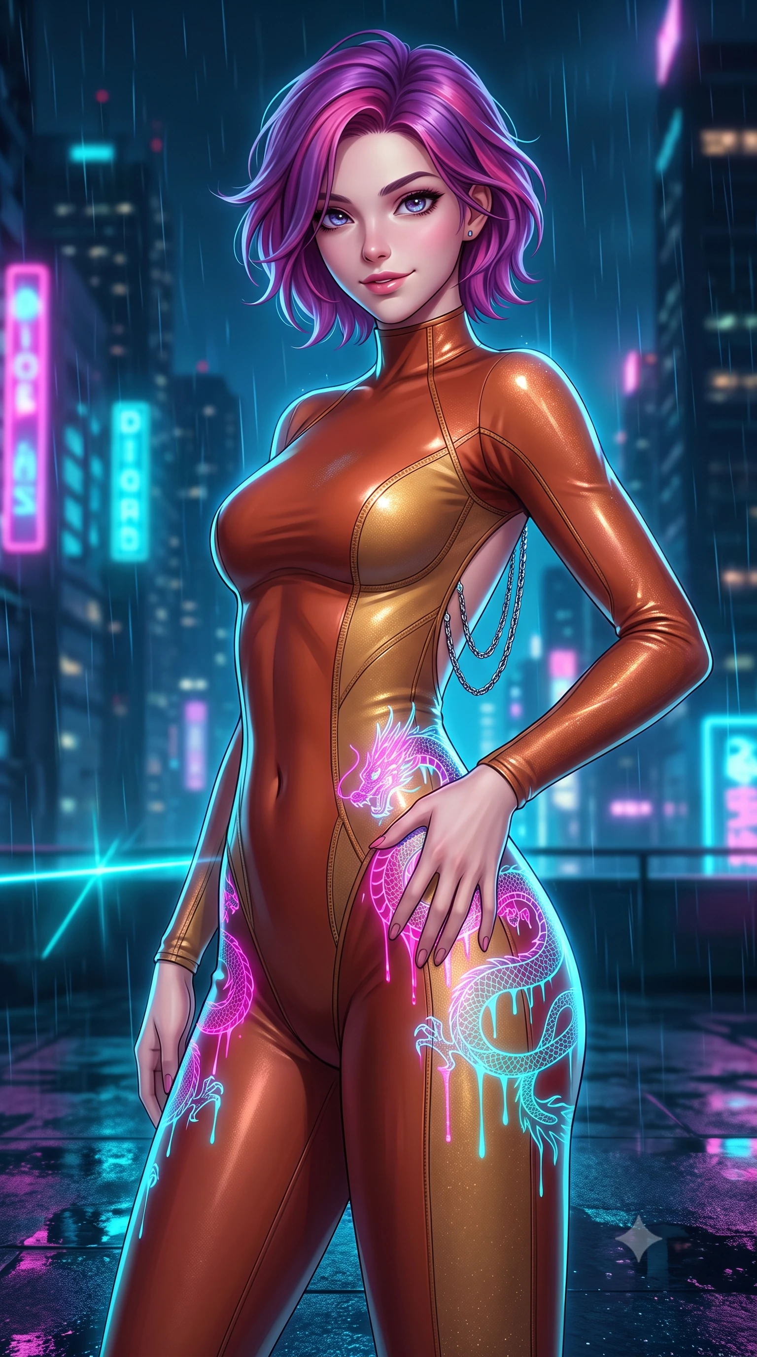 score_9, masterpiece, best quality, ultra-detailed, high-budget anime keyframe, semi-realistic 3D game render, editorial fashion photography, tasteful artistic composition, Caucasian woman. close-up cowboy shot from the waist and thighs up, the character dominates the composition, filling the frame with her large presence. tilting her head with a teasing half-smile, running one hand slowly down the side of her hip in a flirtatious S-curve as ambient light caresses her silhouette while twisting her slender torso in an alluring contrapposto stance, dripping holographic dragon signs painting electric magenta and cyan across her narrow waist and hips. The background shows a soft-focus fine neon-lit rain mist softened in cyberpunk citadel rooftop shallow focus. She has an exceptionally elegant, slender, and willowy female figure with an ultra-slim waist, flat toned midriff, narrow ribcage, and sculpted feminine hips creating an alluring, slim hourglass silhouette without bulk. sharp v-shaped jawline, high-bridge nose, intricate jewel-like sparkling eyes with depth, thick eyelashes, glossy parted lips with a natural peach sheen, bright cheerful beaming smile with an enchanting and coquettish sensual glint, exuding both youthful cute charm and seductive allure, flawlessly proportioned anatomical accuracy, strict slender model proportions, natural body alignment, perfectly sculpted long slender limbs, ultra-slim waistline, clean dynamic posture without body distortion. wearing an ultra-sleek second-skin tactical combat bodysuit made of liquid-gloss neoprene with reinforced ribcage contouring seams hugging her hourglass figure in Martian desert terracotta and dust-storm gold, woven from stretch metallic lurex jersey casting radiant starlight glints across her curves, accented with an open-back drape framed by falling strands of delicate chrome chains, the bespoke structured tailoring following the natural line of her 8.5-heads silhouette with refined elegance. illuminated by wet pavement reflection bounce and sharp laser-cyan rim lights defining her jawline, narrow waist, and curvy hips. highly saturated vibrant anime colors, detailed shading with soft gradients, rich glossy textures, high-contrast stereoscopic depth, volumetric dynamic lighting, master piece, 9:16 ratio