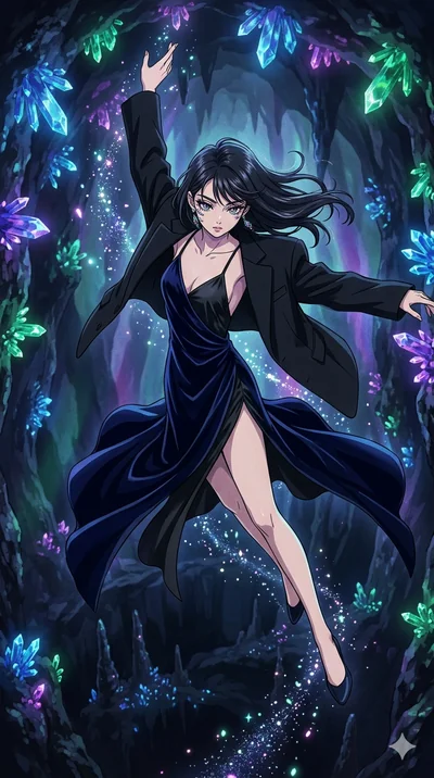 score_9, masterpiece, best quality, ultra-detailed, high-budget anime movie keyframe, cinematic anime lighting, intricate line art, Japanese anime girl. Extreme high angle shot as she leaps towards the camera, filling the frame. performing a dance of