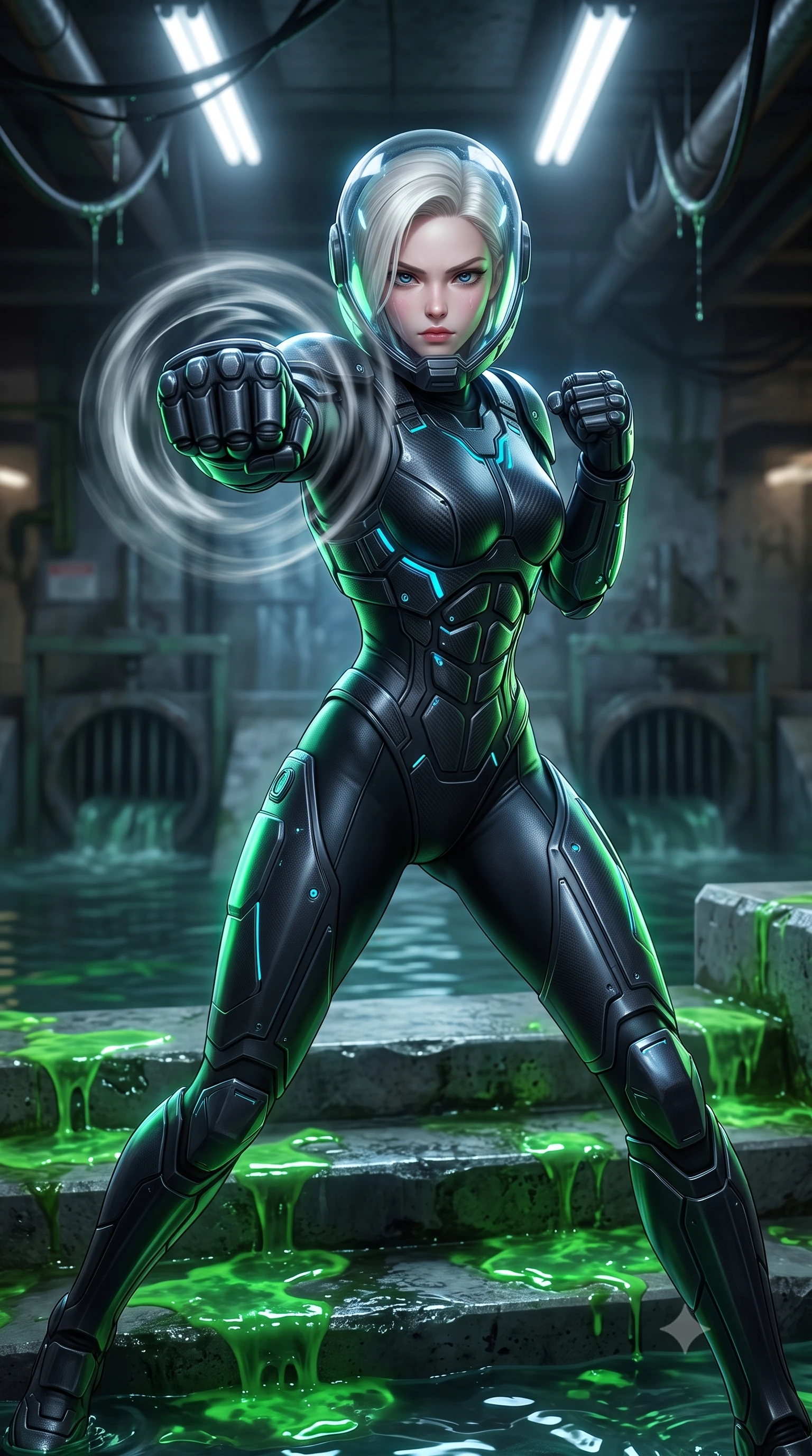 score_9, masterpiece, best quality, ultra-detailed, high-budget anime keyframe, semi-realistic 3D game render, editorial fashion photography, tasteful artistic composition, Caucasian woman. close-up cowboy shot from the waist and thighs up, the character dominates the composition, filling the frame with her large presence. thrusting a high-speed kinetic punch toward the camera, a visible conical shockwave distortion wrapping around her armored forearm while pivoting dynamically on submerged concrete steps as glowing green bio-chemical sludge reflects off her polished armor. The composition keeps background elements in soft focus with creamy bokeh. submerged industrial sluice gates and dripping overhead conduits softened in atmospheric shallow focus. She has an exceptionally elegant, slender, and willowy female figure with an ultra-slim waist, a gracefully sculpted slender torso, toned flat midriff, and a refined slim silhouette. sharp v-shaped jawline, high-bridge nose, intricate jewel-like eyes with depth, thick eyelashes, glossy lips with a natural sheen, fierce and resolute heroine expression, flawlessly proportioned anatomical accuracy, strict slender model proportions, natural body alignment, perfectly sculpted long slender limbs, ultra-slim waistline, clean dynamic posture without body distortion. wearing a crystal-clear transparent armored riot-visor helmet showing her entire beautiful face and determined expression with pristine clarity, paired with a heavy modular carbon-fiber combat cuirass paired with a second-skin tactical leotard and reinforced titanium shoulder pauldrons in matte battle-worn obsidian carbon with electric cyan hazard conduits, made of liquid carbon-jersey fabric accentuating every curve of her tall, slender model proportions, detailed with kinetic shock-dampening knuckle guards and polished chrome connection joints, the glove-like aerodynamic second-skin fit tightly clinging to her ultra-slender waist and athletic curves without adding bulk, accentuating her razor-sharp statuesque lines and slim hourglass silhouette. bathed in eerie emerald biochemical uplights and cold white fluorescent ceiling spotlights. rich saturated anime colors with glowing neon highlights, detailed shading with soft gradients, rich glossy textures, high-contrast stereoscopic depth, volumetric dynamic lighting, master piece, 9:16 ratio