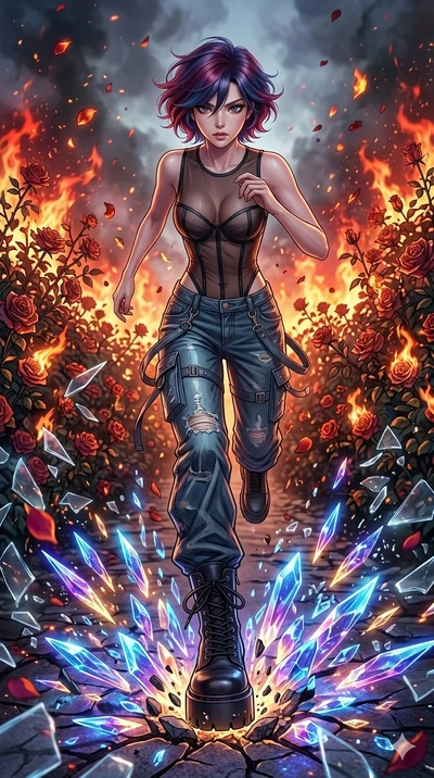score_9, masterpiece, best quality, ultra-detailed, Set A: High-budget Anime Keyframe, Korean woman. Low angle cowboy shot filling the entire 9:16 frame with her statuesque presence. Standing victoriously through a floating botanical garden, surround