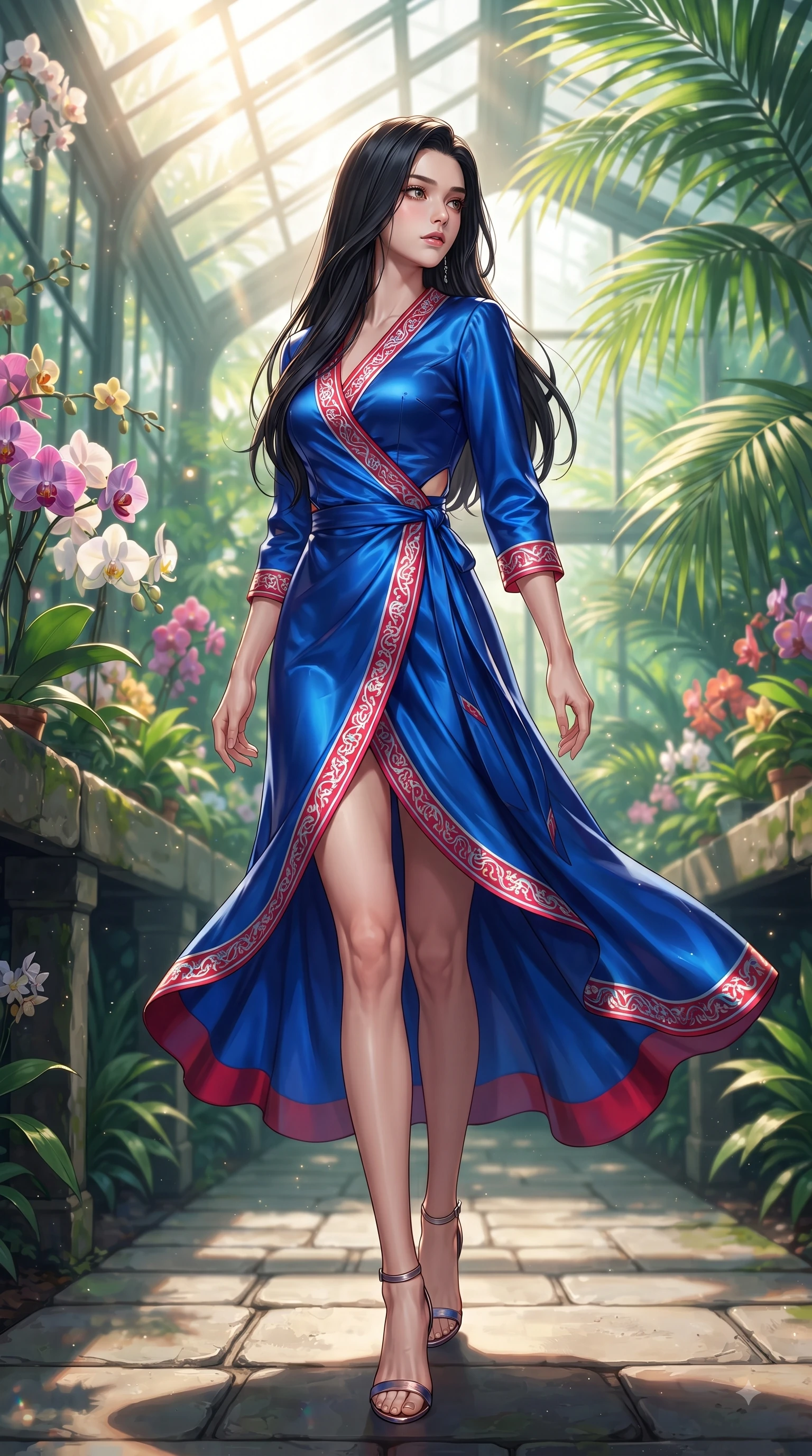 score_9, masterpiece, best quality, ultra-detailed, high-budget anime keyframe, editorial fashion photography, tasteful artistic composition, Korean woman. low angle full-body shot from head to toe showing her feet, filling the entire 9:16 vertical frame with her statuesque presence, stretching her vertical silhouette. Subtle lingering regret in her eyes, looking back over her shoulder with an emotional, reluctant glance while stepping along a stone greenhouse aisle surrounded by vibrant tropical foliage. The composition keeps background elements in soft focus with dreamy bokeh. exotic orchids and tropical palm leaves blurred into a dreamy emerald and jade background bokeh. She has an absolutely perfect, statuesque 8.5-heads proportion, an exceptionally tall and slender model-like female figure with impossibly long slender legs and an ultra-slim waist. sharp v-shaped jawline, high-bridge nose, intricate jewel-like eyes with depth, thick eyelashes, glossy lips with a natural sheen, flawlessly proportioned anatomical accuracy, natural body alignment, perfectly sculpted elegant limbs, clean dynamic posture without body distortion. wearing an electric cobalt blue silk wrap dress with a graceful flowing hem in vibrant crimson red and crisp snow white, tailored from crisp high-density cotton poplin, complemented by clean architectural seams and subtle cutouts, the tailored fit highlighting her statuesque and model-like silhouette. bathed in bright golden sunbeams streaming through glasshouse panes. ultra-reflective glossy finish, specular highlights, metallic sheen, high-contrast stereoscopic depth, volumetric dynamic lighting, 2k, ultra detail, master piece, 9:16 ratio