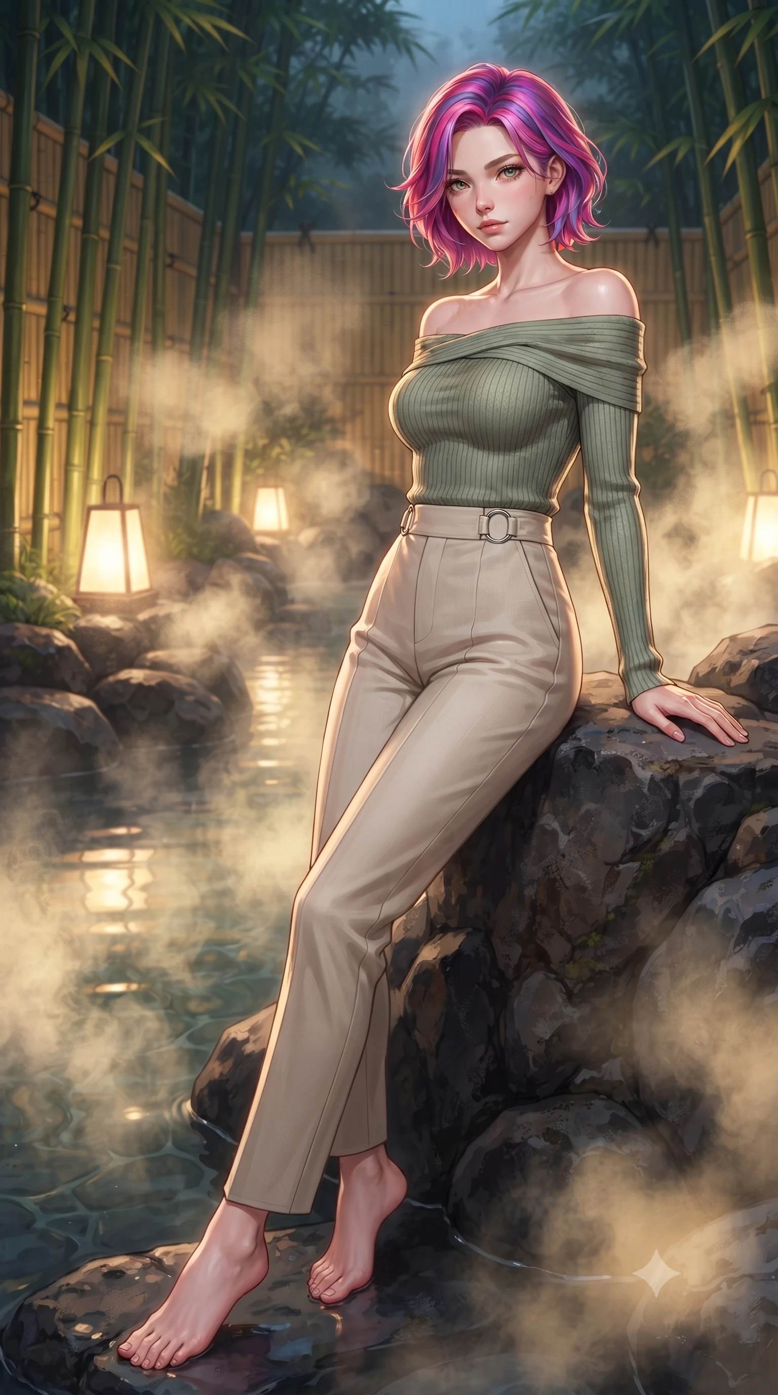 score_9, masterpiece, best quality, ultra-detailed, high-budget anime keyframe, editorial fashion photography, tasteful artistic composition, Caucasian woman. low angle full-body shot from head to toe showing her feet, filling the entire 9:16 vertical frame with her statuesque presence, stretching her vertical silhouette. navigating the luminous space with effortless poise, displaying her perfect model proportions resting against a natural basalt rock edge in a private bamboo-partitioned hot spring, swirling thermal steam clouds scattering soft golden lantern light. She has an absolutely perfect, statuesque 8.5-heads proportion, an exceptionally tall and slender model-like female figure with impossibly long slender legs and an ultra-slim waist. sharp v-shaped jawline, high-bridge nose, intricate jewel-like eyes with depth, thick eyelashes, glossy lips with a natural sheen. wearing a sleek off-shoulder ribbed knit top paired with high-waist tailored pants in sage green and oatmeal, woven from fine semi-opaque sheer organza, accented with delicate chrome ring hardware framing her waist, the elegant draped fit framing her graceful clavicle and slender torso. surrounded by a tranquil, spa-like aura with soft specular highlights. highly saturated vibrant anime colors, detailed shading with soft gradients, rich glossy textures, high-contrast stereoscopic depth, volumetric dynamic lighting, master piece, 9:16 ratio