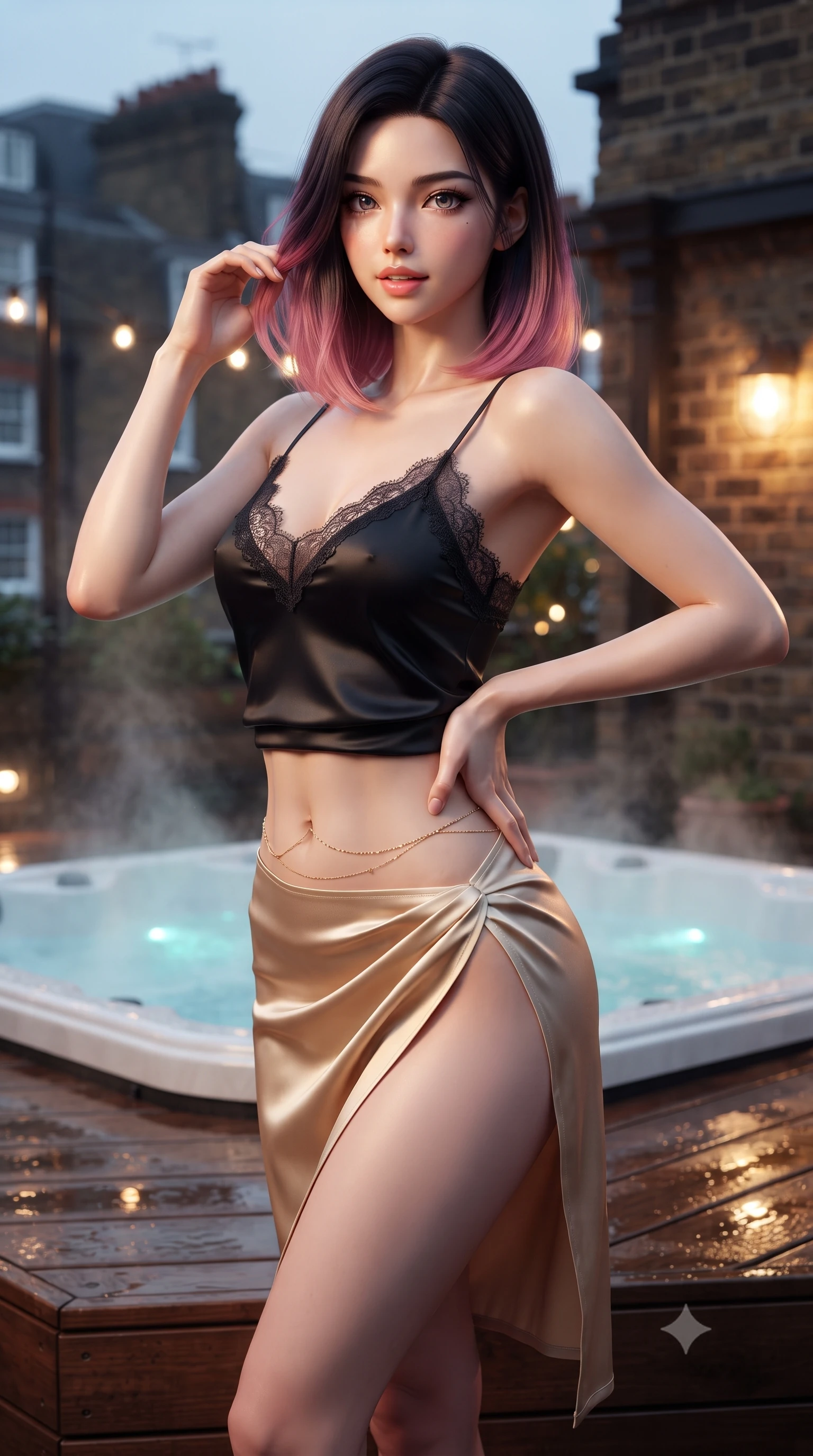 score_9, masterpiece, best quality, ultra-detailed, high-budget anime keyframe, editorial fashion photography, tasteful artistic composition, Korean woman. close-up cowboy shot from the waist and thighs up, the character dominates the composition, filling the frame with her large presence. twisting her slender torso in an alluring contrapposto stance, one hand resting on her sculpted hip while her fingers toy with her hair with effortless poise while standing on the cedar wood deck beside the steaming rooftop tub, arching her back with effortless British cosmopolitan allure. The surrounding environment is rendered in vivid detail and crisp panoramic clarity: sharp wet cedar wood grain, historic London stock brick texture, and fairy light filament clarity in deep focus. She has an exceptionally elegant, slender, and willowy female figure with an ultra-slim waist, flat toned midriff, narrow ribcage, and sculpted feminine hips creating an alluring, slim hourglass silhouette without bulk. sharp v-shaped jawline, high-bridge nose, sparkling eyes with hypnotic seductive depth, thick curled eyelashes, glossy parted lips with a natural dewy peach sheen, alluring bedroom-eyes with an enchanting coquettish smile, exuding magnetic siren charisma and sophisticated glamour, flawlessly proportioned anatomical accuracy, strict slender model proportions, natural body alignment, perfectly sculpted long slender limbs, ultra-slim waistline, clean dynamic posture without body distortion. wearing a delicate lace-trimmed silk camisole paired with a draped satin wrap sarong mini skirt with high side slit in midnight obsidian black and liquid champagne gold, made of delicate semi-sheer French Chantilly lace with intricate eyelash edges, accented with a dainty gold belly chain resting across her flat midriff and curving hips, the high-slit wrap tailoring accentuating her ultra-slim waistline and the enchanting curve of her feminine hips with alluring seductive charm. bathed in warm underwater tub LED glow mixed with warm pergola infrared heat lamp radiance. ultra-reflective glossy finish, specular highlights, rich textural contrasts, high-contrast stereoscopic depth, volumetric dynamic lighting, 2k, ultra detail, master piece, 9:16 ratio