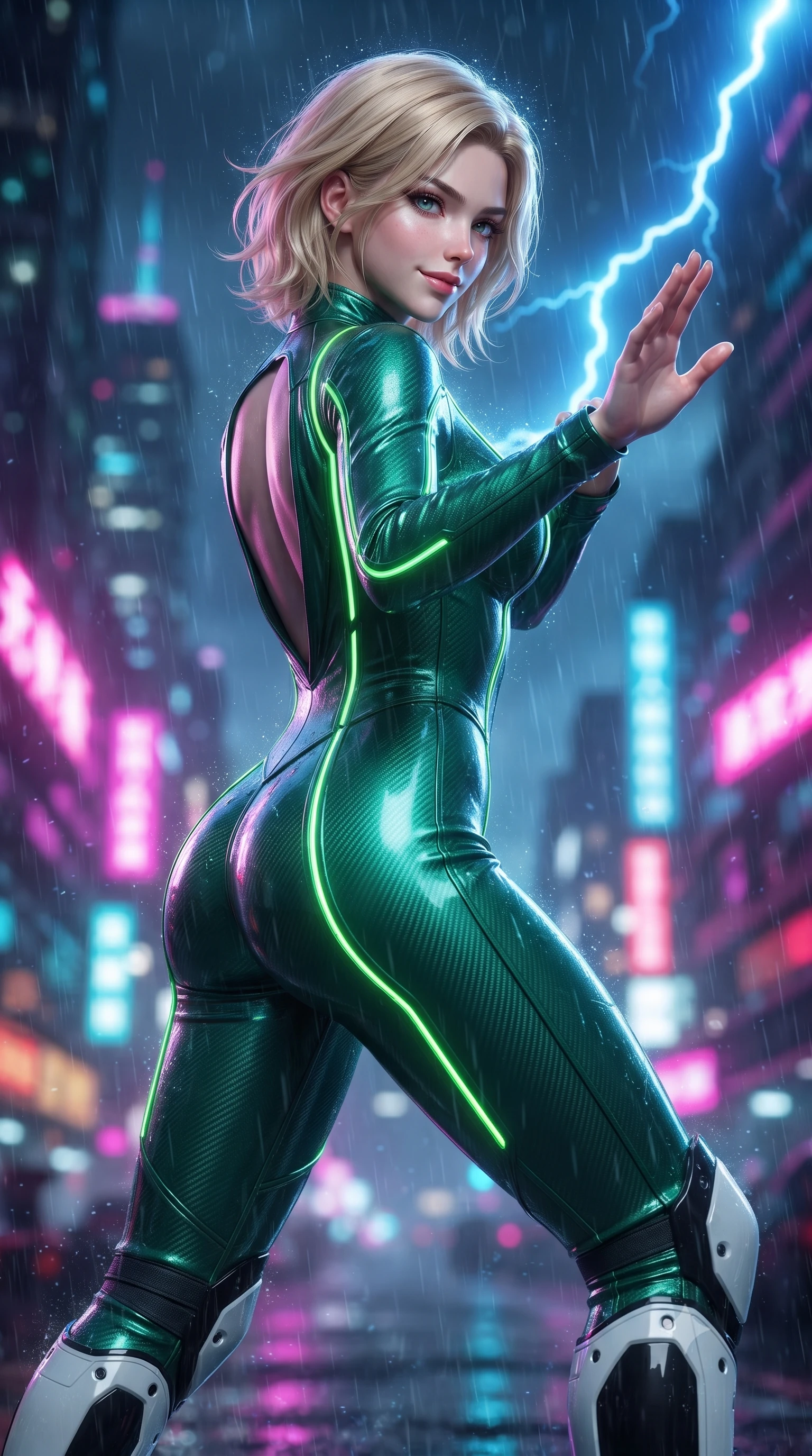 score_9, masterpiece, best quality, ultra-detailed, high-budget anime keyframe, editorial fashion photography, tasteful artistic composition, Caucasian woman. close-up cowboy shot from the waist and thighs up, the character dominates the composition, filling the frame with her large presence. resting one hand in a defensive deflective posture while glancing over her shoulder with thick eyelashes and a confident, smoldering combat half-smile while arching her spine in a fluid combat stance against raging typhoon winds as neon city lights pulse through the storm. The composition keeps background elements in soft focus with creamy bokeh. swirling typhoon rain sheets and neon skyscraper spires blurred into dazzling magenta, cyan, and charcoal bokeh. She has an exceptionally elegant, slender, and willowy female figure with an ultra-slim waist, a gracefully sculpted slender torso, toned flat midriff, and a refined slim silhouette. sharp v-shaped jawline, high-bridge nose, intricate jewel-like eyes with depth, thick eyelashes, glossy lips with a natural sheen, flawlessly proportioned anatomical accuracy, strict slender model proportions, natural body alignment, perfectly sculpted long slender limbs, ultra-slim waistline, clean dynamic posture without body distortion. wearing a tailored emerald-green carbon-fiber tactical jumpsuit with glowing lime LED channels, open cowl back, and reinforced combat shin-guards in monochrome white enamel carbon with high-contrast black panels, made of lightweight aerodynamic carbon-titanium alloy with polished edge bevels, finished with high-mobility flexible limb seams and miniature magnetic armor locks, the sleek second-skin cut tightly hugging her graceful clavicle, narrow waist, and feminine curves with athletic precision. bathed in dramatic blue lightning flashes and vibrant neon city ambient reflections. ultra-reflective glossy finish, specular highlights, dark metallic sheen, high-contrast stereoscopic depth, volumetric dynamic lighting, 2k, ultra detail, master piece, 9:16 ratio