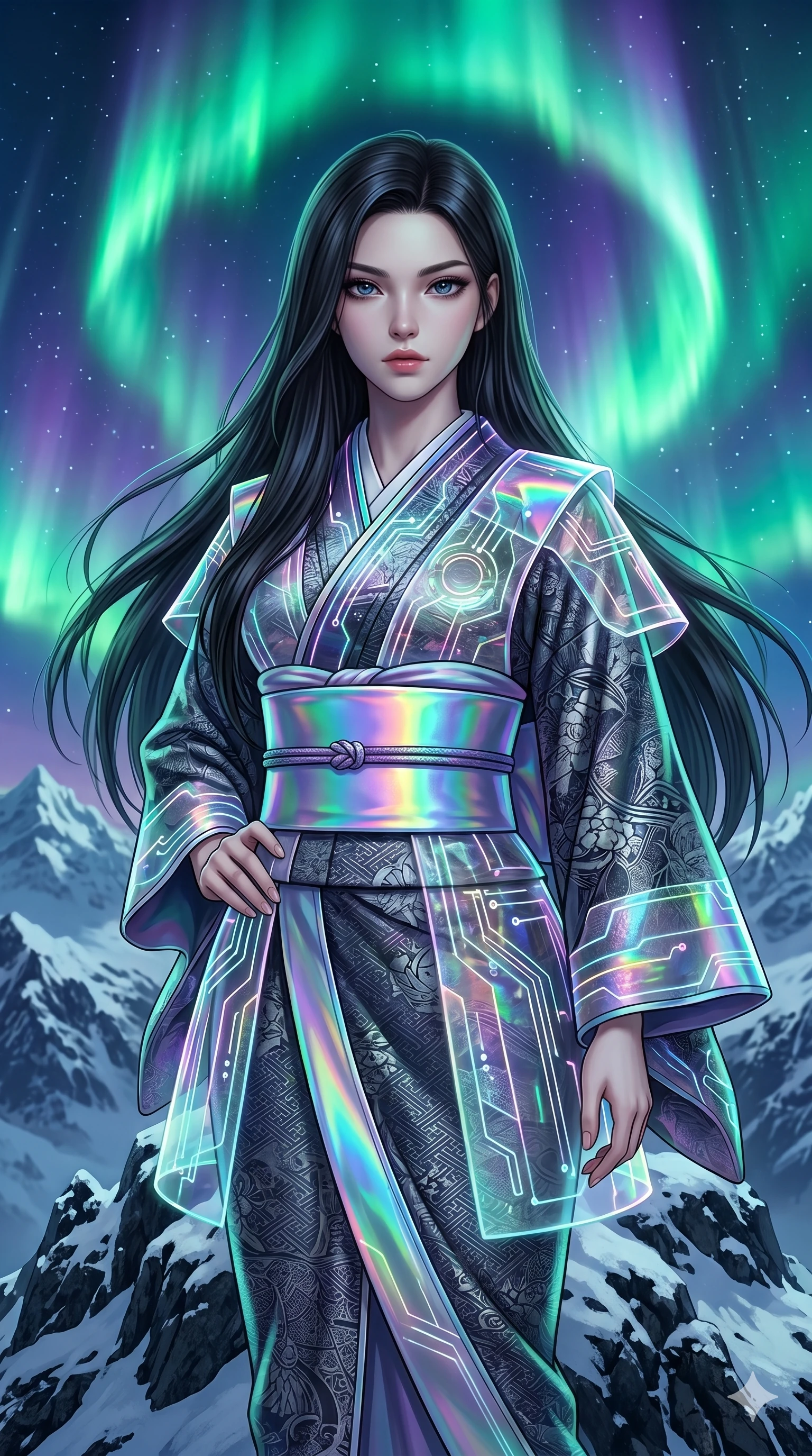 score_9, masterpiece, best quality, ultra-detailed, Set A: Photorealistic 8k CG, Japanese woman. Upper body close-up from the thighs up, character filling the screen for maximum presence. Standing on a mountain top as the aurora borealis dances above in vibrant emerald and violet hues. She has an absolutely perfect 8-heads proportion, an exceptionally tall and slender female figure with an slender waist and majestic presence. Sharp v-shaped jawline, high-bridge nose, intricate jewel-like eyes with depth, thick eyelashes, glossy lips. Wearing a Modern Traditional outfit: tech-kimono with a holographic obi and transparent panels. Background is a bright and colorful night sky with swirling lights and a snowy peak. 2k, ultra detail, master piece, 9:16 ratio
