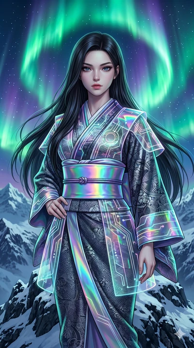 score_9, masterpiece, best quality, ultra-detailed, Set A: Photorealistic 8k CG, Japanese woman. Upper body close-up from the thighs up, character filling the screen for maximum presence. Standing on a mountain top as the aurora borealis dances above