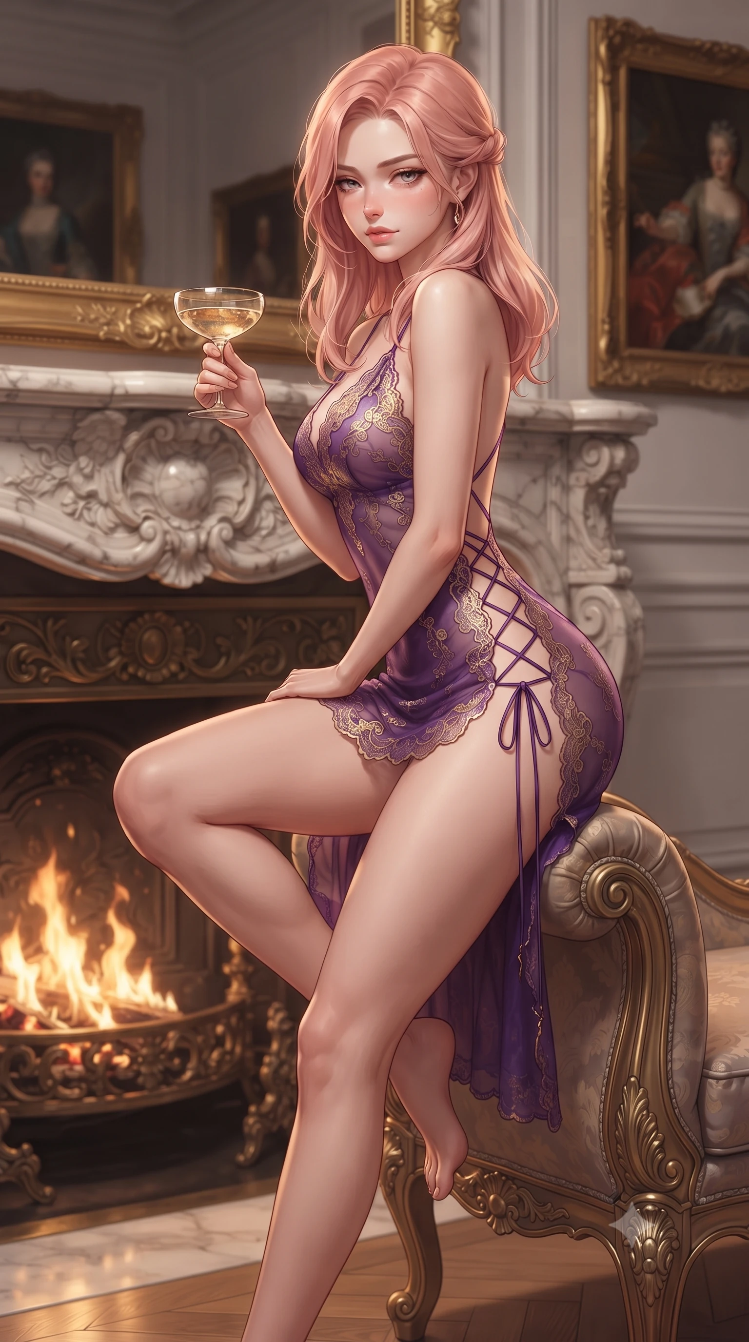 score_9, masterpiece, best quality, ultra-detailed, high-budget anime keyframe, editorial fashion photography, tasteful artistic composition, Japanese woman. close-up cowboy shot from the waist and thighs up, the character dominates the composition, filling the frame with her large presence. perched sideways on the lounge seat, one knee drawn up to showcase her slender leg line while her arched back accentuates her feminine hip curve while leaning against the monumental carved marble fireplace mantel with hips cocked back, holding a coupe of champagne with heavy-lidded smoldering eyes. The background shows a soft-focus flickering flames in the ornate marble hearth, historic oil paintings in gilded rococo frames, and rain-washed Place des Vosges square blurred into amber, emerald, and mahogany bokeh. She has an exceptionally elegant, slender, and willowy female figure with an ultra-slim waist, flat toned midriff, narrow ribcage, and sculpted feminine hips creating an alluring, slim hourglass silhouette without bulk. sharp v-shaped jawline, high-bridge nose, intricate jewel-like sparkling eyes with depth, thick eyelashes, glossy parted lips with a natural peach sheen, bright cheerful beaming smile with an enchanting and coquettish sensual glint, exuding both youthful cute charm and seductive allure, flawlessly proportioned anatomical accuracy, strict slender model proportions, natural body alignment, perfectly sculpted long slender limbs, ultra-slim waistline, clean dynamic posture without body distortion. wearing a delicate semi-sheer Chantilly lace slip dress with scalloped eyelash edges and an open cowl back in rich royal amethyst purple and gilded filigree, crafted from translucent silk organza with an ethereal crystalline sheen, featuring fine criss-cross lace-up side ties revealing tantalizing glimpses of her hip curve, the liquid-tight tailored fabric clinging flawlessly to her narrow waist and rounded feminine hips, emphasizing every millimeter of her sculpted slim hourglass curves without any bulky heaviness. illuminated by polished parquet reflection bounce and sharp flame-gold rim lights defining her dewy collarbones, ultra-slim waist, and curvy hips. ultra-reflective glossy finish, specular highlights, rich textural contrasts, high-contrast stereoscopic depth, volumetric dynamic lighting, 2k, ultra detail, master piece, 9:16 ratio