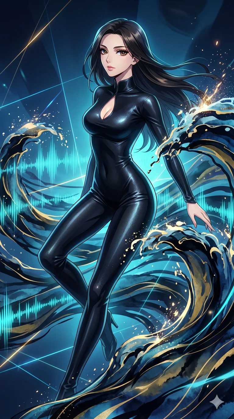 score_9, masterpiece, best quality, ultra-detailed, High-budget Anime Keyframe, vibrant colors, fluid line-art, expressive lighting, cinematic composition, Ufotable-style visual effects, top-tier animation quality, Japanese woman with delicate and elegant anime-inspired features. Low angle cowboy shot filling the entire 9:16 frame with her statuesque presence, looking up to emphasize her height. Gracefully weaving through a sea of swirling ink waves that pulse with rhythmic energy. She has an absolutely perfect 8-heads proportion, an exceptionally tall and slender female figure with impossibly long slender legs and an ultra-slim waist, her statuesque height and towering silhouette dominating the vertical 9:16 frame. Her face is a masterpiece featuring a sharp v-shaped jawline, high-bridge nose, intricate jewel-like eyes with depth, thick eyelashes, and glossy lips with a natural sheen. She is wearing a Sleek liquid-silk jumpsuit that clings to her frame, with a high collar and a small strategic teardrop cutout. The scene is set in an abstract digital ocean where the water is made of flowing ink and sound waves. 2k, ultra detail, master piece, 9:16 ratio
