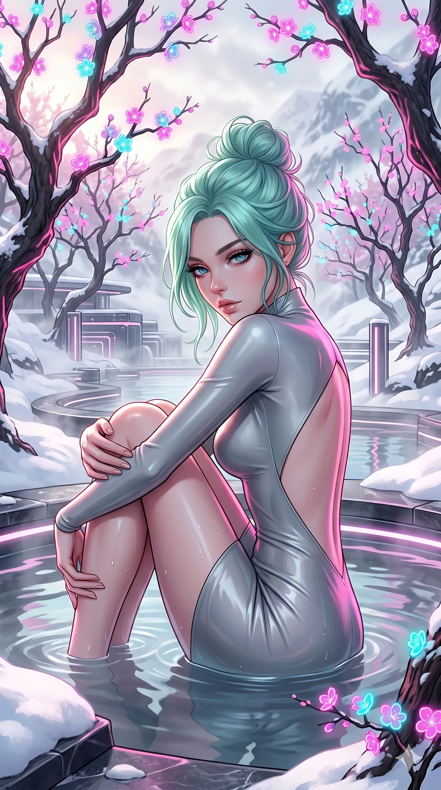 score_9, masterpiece, best quality, ultra-detailed, high-budget anime keyframe, editorial fashion photography, tasteful artistic composition, Japanese woman. Upper body close-up from the thighs up, character filling the screen for maximum presence. She is relaxing in a futuristic geothermal hot spring surrounded by snow and neon cherry trees. She wraps her arms around her knees, looking over her shoulder with bedroom eyes. She has an absolutely perfect 8-heads proportion, an exceptionally tall and slender female figure with impossibly long slender legs and an ultra-slim waist. V-shaped jawline, high-bridge nose, intricate jewel-like eyes with depth, thick eyelashes, glossy lips with a natural sheen. She is wearing a second-skin fashion-latex mini dress with a clean architectural front, featuring an open-back design that wraps around the sides of her waist, showcasing her slender silhouette. The scene is bathed in soft morning sun filtering through dense steam and a sharp pink neon key light. 2k, ultra detail, master piece, 9:16 ratio
