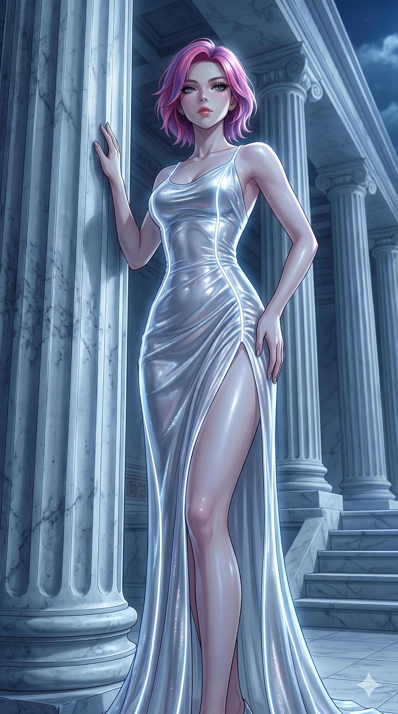 score_9, masterpiece, best quality, ultra-detailed, High-budget Anime Keyframe, East Asian woman. Low angle cowboy shot filling the entire 9:16 frame with her statuesque presence. Scenario 23: Leaning against a cold marble pillar in a moonlit greek temple. Her presence is magnetic and overpowering in this high-budget anime scene. Outfit 23: A shimmering chiffon liquid with a thigh-high slit and glowing LED seams. The clothing is designed to emphasize her exceptionally tall and slender 8-heads proportion. 8-heads proportion, towering silhouette, ultra-slim waist. sharp v-shaped jawline, intricate jewel-like eyes with depth, thick eyelashes, glossy lips. 2k, ultra detail, master piece, 9:16 ratio