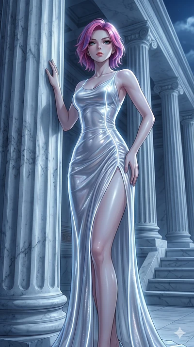 score_9, masterpiece, best quality, ultra-detailed, High-budget Anime Keyframe, East Asian woman. Low angle cowboy shot filling the entire 9:16 frame with her statuesque presence. Scenario 23: Leaning against a cold marble pillar in a moonlit greek t