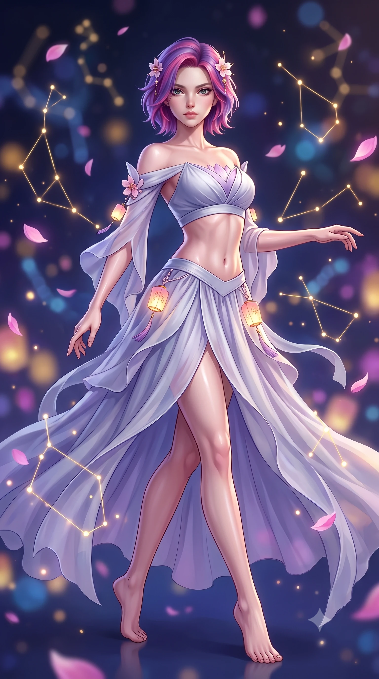 score_9, masterpiece, best quality, ultra-detailed, high-budget anime keyframe, semi-realistic 3D game render, editorial fashion photography, tasteful artistic composition, Caucasian woman. low angle full-body shot from head to toe showing her feet, filling the entire 9:16 vertical frame with her statuesque presence, stretching her vertical silhouette. stepping forward gracefully in mid-motion, displaying her toned flat midriff and flawlessly sculpted slender limbs while pivoting dynamically in mid-air with an athletic yet alluring arch of her spine, weaving through floating golden constellations. The composition keeps background elements in soft focus with creamy bokeh. floating holographic constellations and drifting pink lotus petals blurred into celestial indigo, gold, and magenta bokeh. She has an absolutely perfect, statuesque 8.5-heads proportion, an exceptionally tall and slender model-like female figure with impossibly long slender legs, a toned flat midriff, and an ultra-slim waist. sharp v-shaped jawline, high-bridge nose, intricate jewel-like eyes with depth, thick eyelashes, glossy lips with a natural sheen, captivating and magnetic expression, flawlessly proportioned anatomical accuracy, strict slender model proportions, natural body alignment, perfectly sculpted long slender limbs, ultra-slim waistline, clean dynamic posture without body distortion. wearing a celestial lotus-inspired layered chiffon gown with an exposed clavicle bodice in moonlit silver and lavender mist, tailored from crisp ceremonial cotton and multi-layered translucent chiffon, accessorized with delicate cherry blossom hairpins and glowing paper lantern charms, the breezy yet form-flattering drape swaying gracefully with her steps, accentuating her long willowy limbs and slim waistline. illuminated by crisp specular highlights tracing her ultra-slim waist, toned midriff, and long slender limbs. highly saturated vibrant anime colors, detailed shading with soft gradients, rich glossy textures, high-contrast stereoscopic depth, volumetric dynamic lighting, master piece, 9:16 ratio