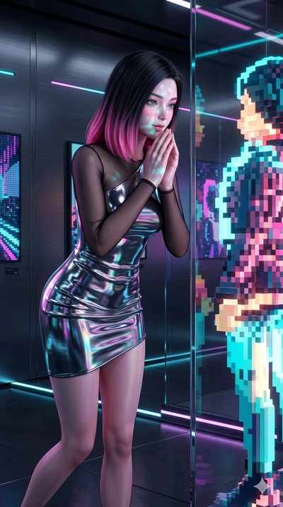 score_9, masterpiece, best quality, ultra-detailed, high-budget anime keyframe, semi-realistic 3D game render, Korean woman. Upper body close-up from the thighs up, character filling the screen for maximum presence. Inside a virtual reality gallery, 