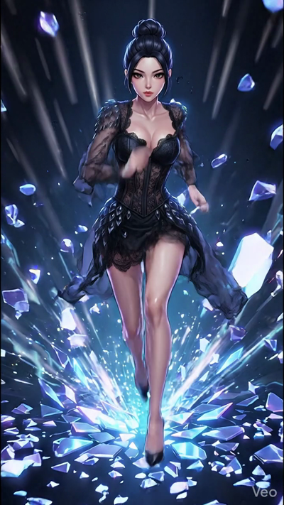 A cinematic high-action sequence of a mysterious woman in an elegant dark lace outfit sprinting directly toward the camera. Shards of glowing blue and purple crystals shatter and fly past her in slow motion. The scene features intense motion blur, dy