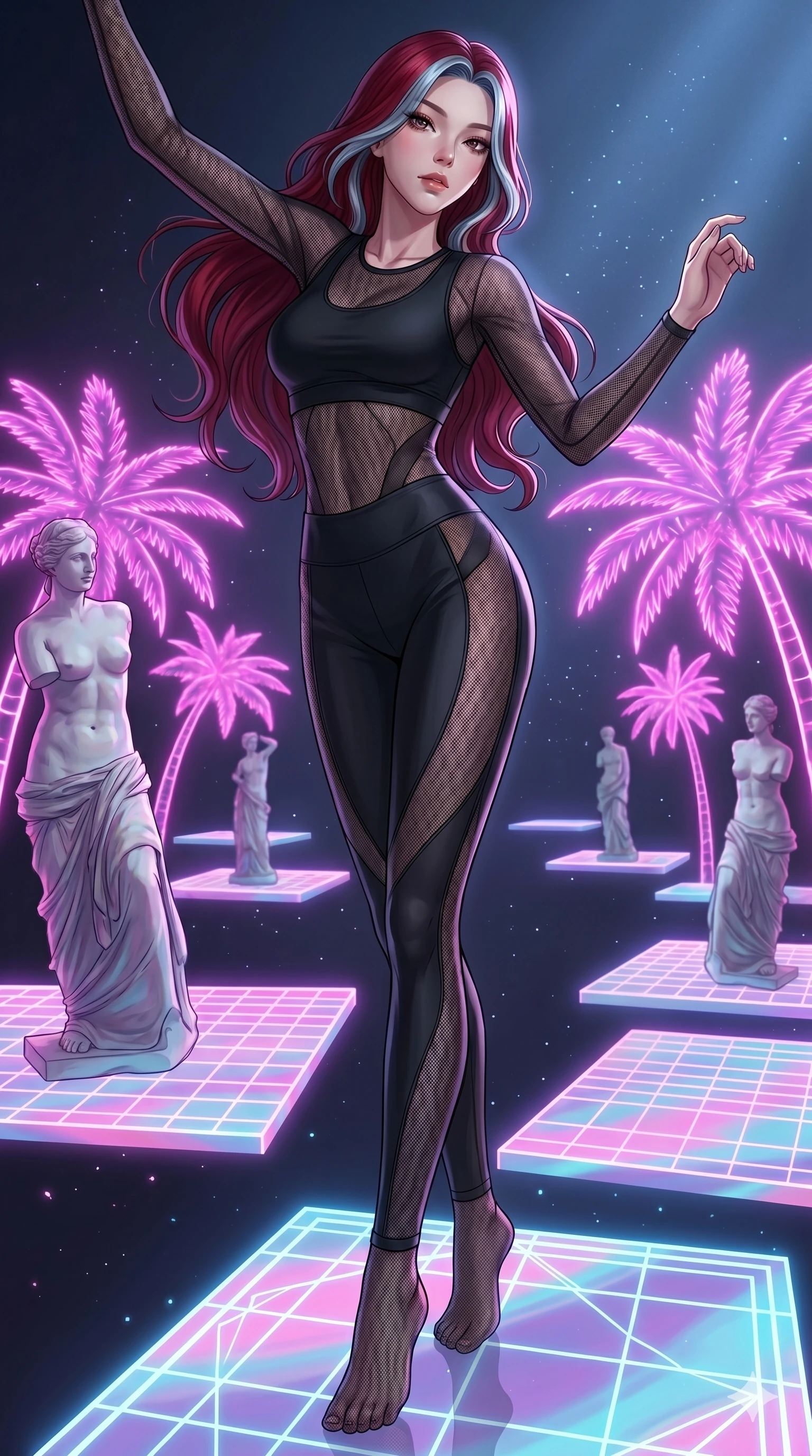 score_9, masterpiece, best quality, ultra-detailed, high-budget anime keyframe, Korean woman. low angle full-body shot filling the entire 9:16 frame with her statuesque presence, stretching the vertical silhouette. drifting through a holographic vaporwave oasis with floating grid floors, lo-fi marble statues, and glowing pink palms. She has an absolutely perfect 8-heads proportion, an exceptionally tall and slender female figure with impossibly long slender legs and an ultra-slim waist. V-shaped jawline, high-bridge nose, intricate jewel-like eyes with depth, thick eyelashes, glossy lips with a natural sheen.. wearing a sheer mesh athleisure set, featuring a tight matte black top and leggings with semi-opaque mesh panels tracing the curves of her waist and thighs. illuminated by dramatic chiaroscuro casting soft shadows along her curves, with vibrant backlighting highlighting the dust particles. 2k, ultra detail, master piece, 9:16 ratio