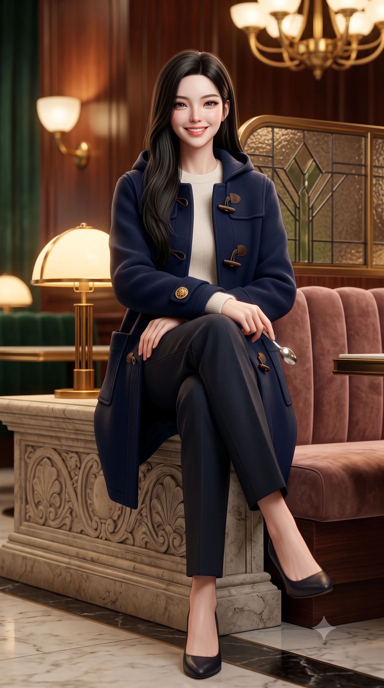 score_9, masterpiece, best quality, ultra-detailed, high-budget anime keyframe, semi-realistic 3D game render, editorial fashion photography, tasteful artistic composition, Korean woman. low angle full-body shot from head to toe showing her feet, filling the entire 9:16 vertical frame with her statuesque presence, stretching her vertical silhouette. sitting gracefully on the carved stone bench with legs crossed at the ankles, hands resting gently in her lap with noble poise while perched gracefully on the edge of the velvet banquette, holding a silver dessert spoon with playful, charming elegance. The background shows a soft-focus curved brass Art Deco light sconces, geometric leaded glass screens, and polished rosewood walls blurred into emerald, brass, and rosewood bokeh. She has an exceptionally tall and slender model-like 8.5-heads proportion, an ultra-slim waist, a flat toned midriff, narrow delicate ribcage, and beautifully sculpted feminine hips creating a graceful, slim hourglass silhouette without any bulky heaviness, with impossibly long slender legs. sharp v-shaped jawline, high-bridge nose, intricate jewel-like sparkling eyes with depth, thick eyelashes, glossy parted lips with a natural peach sheen, bright cheerful beaming smile with an enchanting and coquettish sensual glint, exuding both youthful cute charm and seductive allure, flawlessly proportioned anatomical accuracy, strict slender model proportions, natural body alignment, perfectly sculpted long slender limbs, ultra-slim waistline, clean dynamic posture without body distortion. wearing a structured boiled-wool duffle coat with horn toggles over a soft alpaca sweater and tailored wool slacks in French navy blue and crisp alabaster white, crafted from rich cotton velvet with deep light-absorbing pile and soft gradients, accented with an ornate 24k gold lion-embossed crest button along the front closure, the precision-cut high-waisted tailoring accentuating her ultra-slim waist and long slender leg line with immaculate aristocratic poise. bathed in warm 2900K incandescent amber illumination from authentic Art Deco brass chandeliers and table lamps. highly saturated vibrant anime colors, detailed shading with soft gradients, rich glossy textures, high-contrast stereoscopic depth, volumetric dynamic lighting, master piece, 9:16 ratio