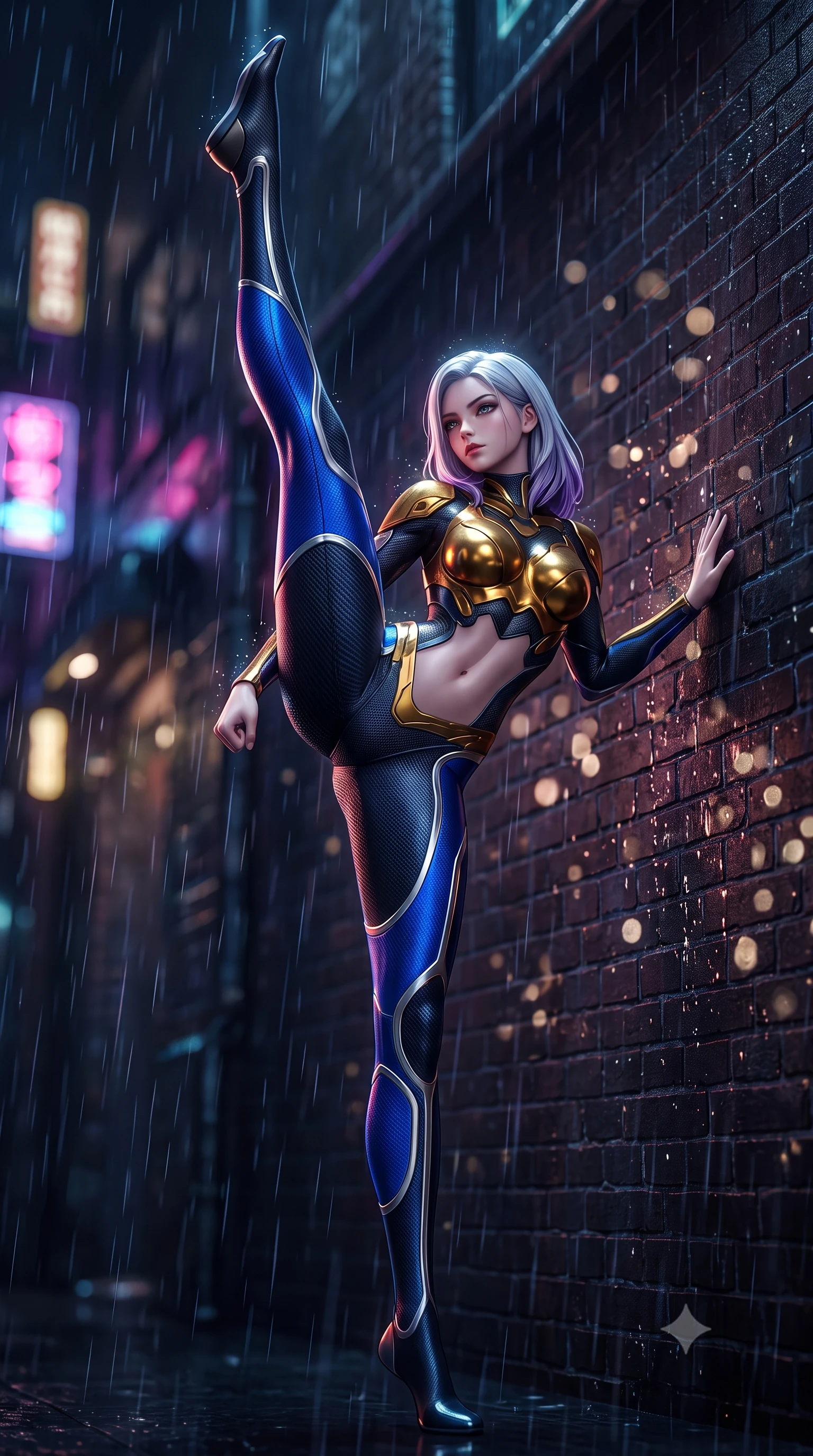 score_9, masterpiece, best quality, ultra-detailed, high-budget anime keyframe, semi-realistic 3D game render, editorial fashion photography, tasteful artistic composition, Caucasian woman. low angle full-body shot from head to toe showing her feet, filling the entire 9:16 vertical frame with her statuesque presence, stretching her vertical silhouette. executing a breathtaking zero-gravity high-kick with full 180-degree vertical extension, her impossibly long slender legs dominating the frame with razor-sharp poise while leaning against a rain-streaked brick wall with arms crossed loosely, casting a smoldering, haughty gaze into the lens. The composition keeps background elements in soft focus with creamy bokeh. falling raindrops catching neon light motes across a dark noir backdrop. She has an absolutely perfect, statuesque 8.5-heads proportion, an exceptionally tall and slender model-like female figure with impossibly long slender legs, a toned flat midriff, and an ultra-slim waist. sharp v-shaped jawline, high-bridge nose, intricate jewel-like eyes with depth, thick eyelashes, glossy lips with a natural sheen, flawlessly proportioned anatomical accuracy, strict slender model proportions, natural body alignment, perfectly sculpted long slender limbs, ultra-slim waistline, clean dynamic posture without body distortion. wearing a sculpted molten-gold and dark carbon cuirass paired with high-mobility combat leggings and kinetic energy channels in electric cobalt blue carbon with polished platinum trim, tailored from flexible second-skin carbon-mesh that clings flawlessly to her athletic curves, reinforced by a sleek titanium kinetic harness and glowing micro-energy straps, the form-contouring material adhering flawlessly to her sculpted flat midriff and slender torso, emphasizing her long leg lines and perfectly proportioned willowy build. surrounded by a dangerous, gritty, and intensely captivating martial femme-fatale noir aura. rich saturated anime colors with glowing neon highlights, detailed shading with soft gradients, rich glossy textures, high-contrast stereoscopic depth, volumetric dynamic lighting, master piece, 9:16 ratio