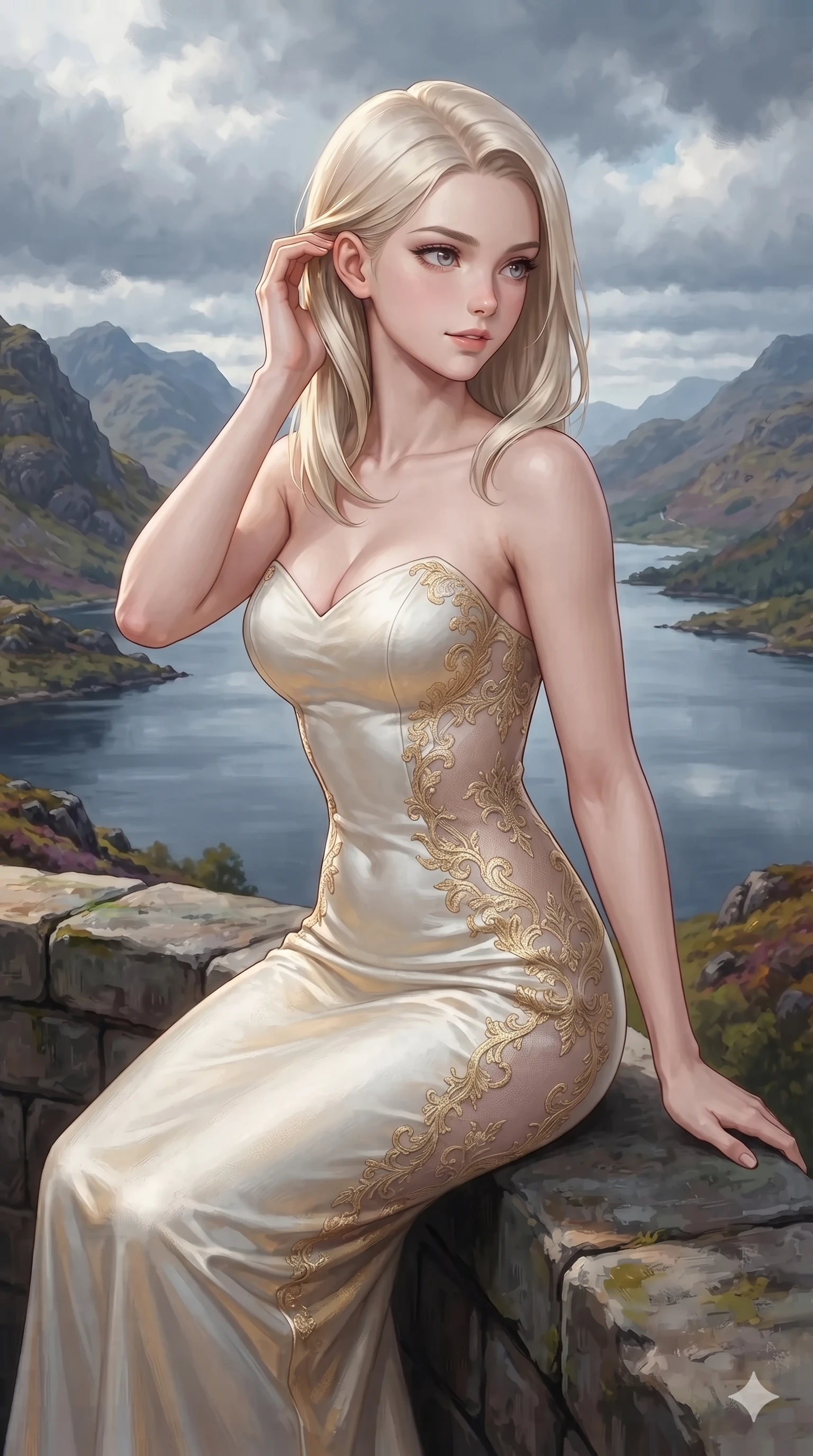 score_9, masterpiece, best quality, ultra-detailed, high-budget anime keyframe, editorial fashion photography, tasteful artistic composition, Caucasian woman. close-up cowboy shot from the waist and thighs up, the character dominates the composition, filling the frame with her large presence. gently brushing a lock of hair behind her ear while casting a playful, flirtatious side-gaze with long eyelashes while standing perched on the narrow turret balcony edge with hips angled toward the camera, arching her back with high-fashion supermodel confidence above the loch. The surrounding environment is rendered in vivid detail and crisp panoramic clarity: sharp lichen-encrusted granite ashlar blocks, wrought-iron rain guttering, and crisp windblown hair strands in deep focus. She has an exceptionally elegant, slender, and willowy female figure with an ultra-slim waist, flat toned midriff, narrow ribcage, and sculpted feminine hips creating an alluring, slim hourglass silhouette without bulk. sharp v-shaped jawline, high-bridge nose, intricate jewel-like eyes with depth, thick eyelashes, glossy parted lips with a natural sheen, intensely captivating and seductive bedroom-eyes expression, flawlessly proportioned anatomical accuracy, strict slender model proportions, natural body alignment, perfectly sculpted long slender limbs, ultra-slim waistline, clean dynamic posture without body distortion. wearing a liquid-silk jersey evening gown with an ultra-deep plunging open back descending to the base of her spine and a sculpted hip-hugging skirt in pure alabaster white and sun-kissed gold, featuring strategic sheer-illusion tulle side panels framing her ribcage and hips, finished with scalloped eyelash lace trim framing her sweetheart neckline with intimate elegance, the dramatically scooped open back descending to the base of her spine, accentuating her razor-sharp statuesque lines and slim hourglass silhouette. bathed in diffused cool 5500K highland daylight contrasted with warm golden accent highlights from castle interior torchères. ultra-reflective glossy finish, specular highlights, rich textural contrasts, high-contrast stereoscopic depth, volumetric dynamic lighting, 2k, ultra detail, master piece, 9:16 ratio