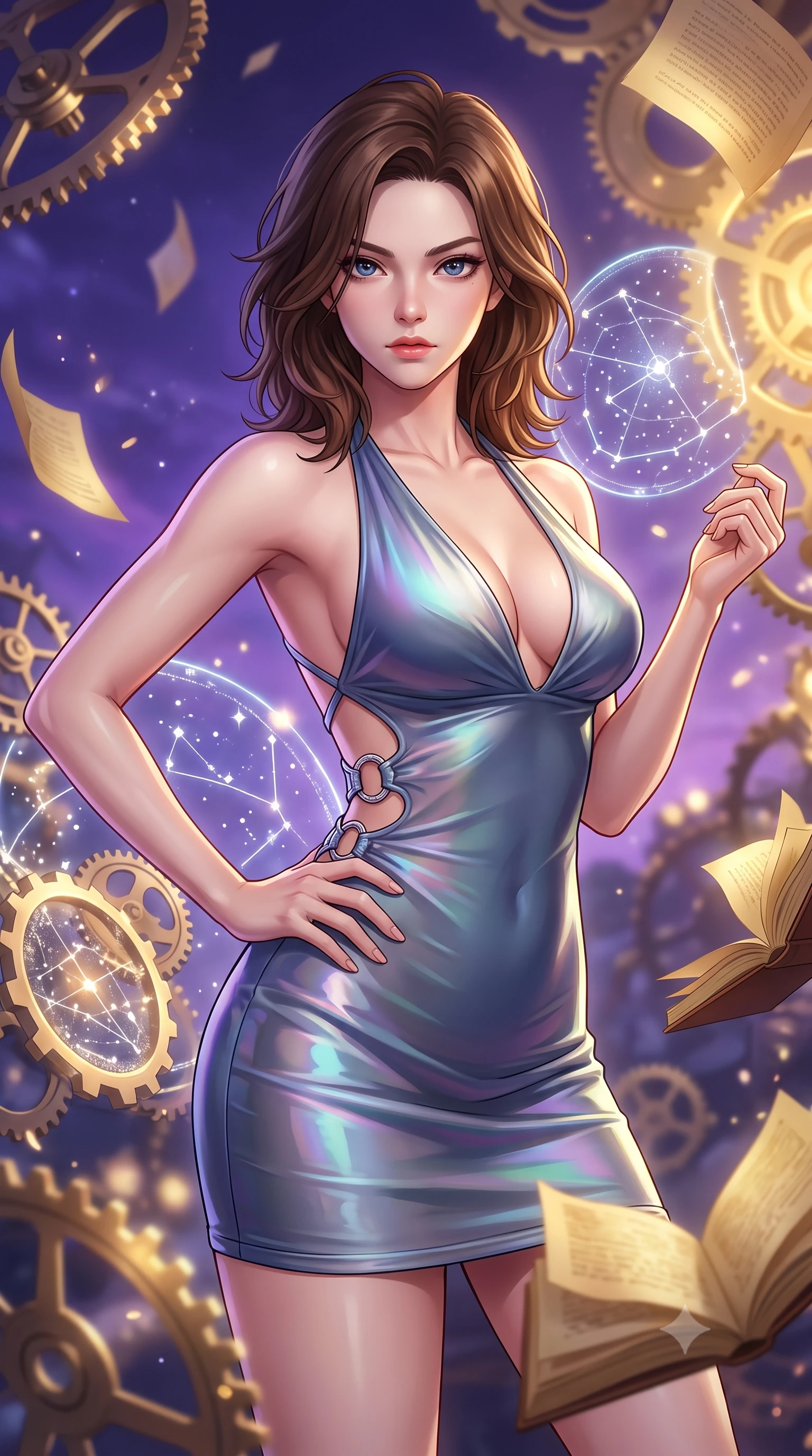 score_9, masterpiece, best quality, ultra-detailed, high-budget anime keyframe, editorial fashion photography, tasteful artistic composition, Korean woman. close-up cowboy shot from the waist and thighs up, the character dominates the composition, filling the frame with her large presence, background elements kept in soft focus. Holding a confident power pose with one hand on her hip, gazing directly into the camera with quiet intensity navigating a blizzard of floating analog gear parts and glowing star maps, golden paper pages fluttering gently around her in a magical breeze. She has an exceptionally elegant, slender, and willowy female figure with an ultra-slim waist, a gracefully sculpted slender torso, and a refined silhouette. sharp v-shaped jawline, high-bridge nose, intricate jewel-like eyes with depth, thick eyelashes, glossy lips with a natural sheen. wearing a deep-scoop halter bodycon dress with hip cutouts connected by silver rings in slate blue and metallic silver, crafted from iridescent chiffon that shifts colors in the light, complemented by criss-cross back straps highlighting her bare shoulders, the sleek second-skin texture accentuating her magnetic presence. lit by a contrast of deep violet sky and radiant golden mechanical light. highly saturated vibrant anime colors, detailed shading with soft gradients, rich glossy textures, high-contrast stereoscopic depth, volumetric dynamic lighting, master piece, 9:16 ratio