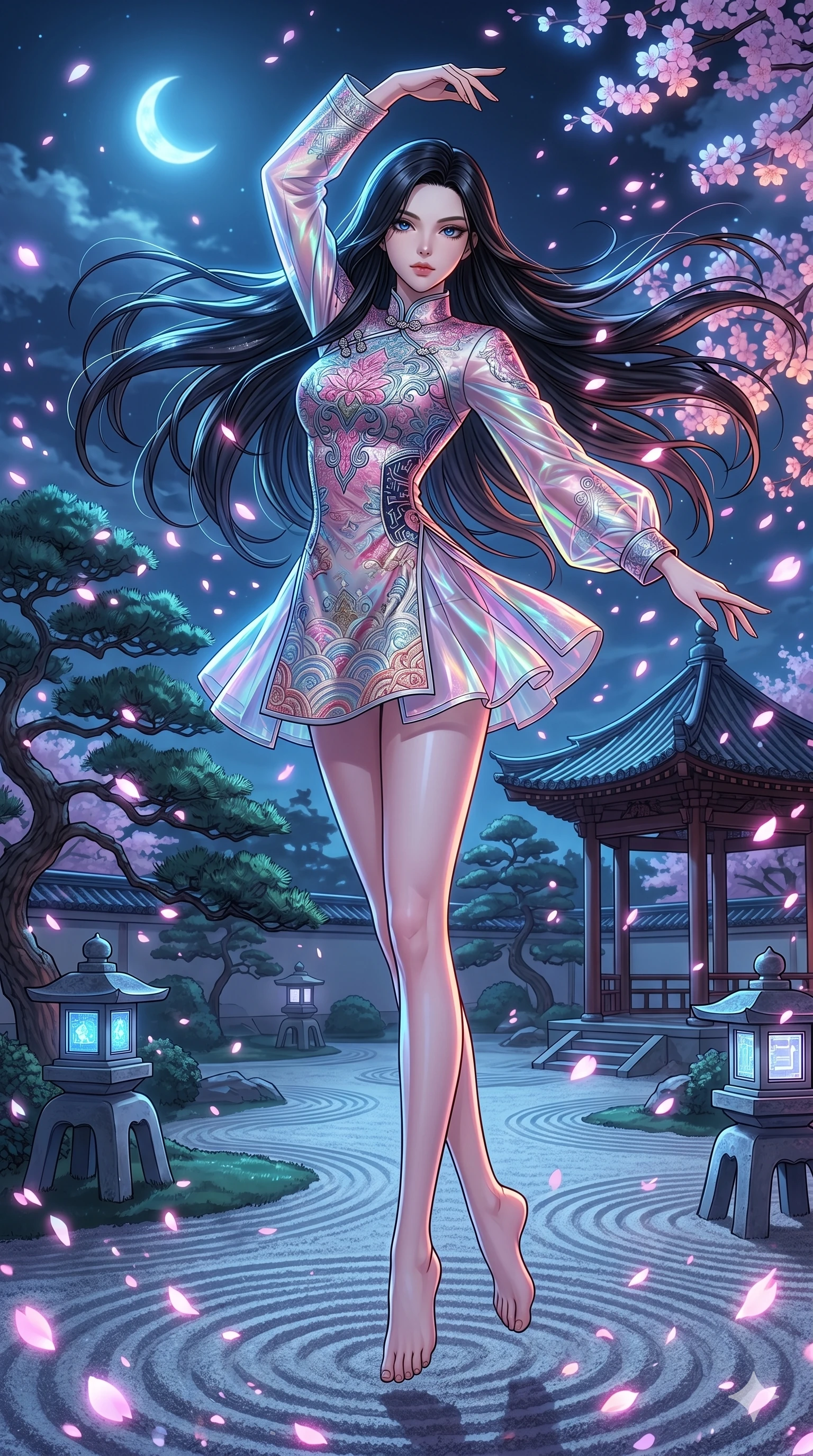 score_9, masterpiece, best quality, ultra-detailed, high-budget anime movie keyframe, cinematic anime lighting, intricate line art, Japanese anime girl. Mid-air action shot capturing a graceful twist and vertical silhouette. dancing amidst a blizzard of digital sakura petals in a zen garden. She has an absolutely perfect 8-heads proportion, an exceptionally tall and slender female figure with an ultra-slim waist and impossibly long slender legs. strictly human anatomy, two legs only, no extra limbs, clearly defined legs and arms, perfect anatomy, perfect hands and fingers. sharp v-shaped jawline, high-bridge nose, intricate jewel-like eyes, thick eyelashes, glossy lips. Wearing Modern Traditional: Shortened cyber-hanbok with fusion silk robes and transparent panels. The scene is illuminated by dramatic atmospheric lighting and vibrant color palettes. , 2k, ultra detail, master piece, 9:16 ratio