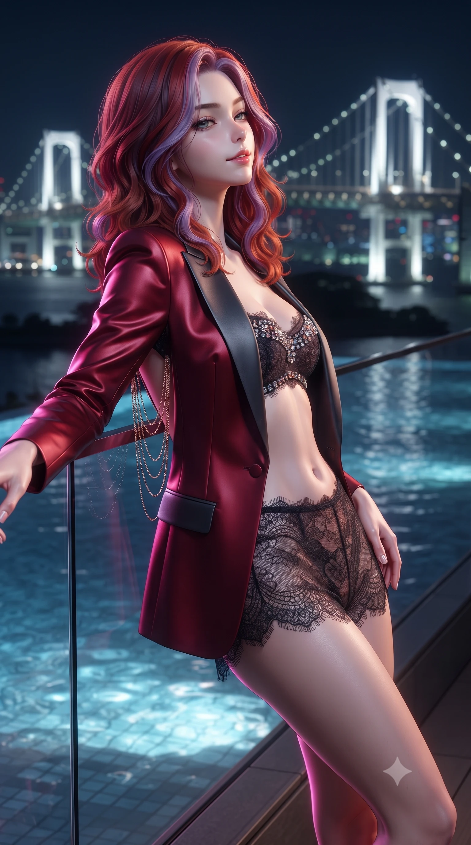 score_9, masterpiece, best quality, ultra-detailed, high-budget anime keyframe, editorial fashion photography, tasteful artistic composition, Caucasian woman. close-up cowboy shot from the waist and thighs up, the character dominates the composition, filling the frame with her large presence. leaning back against the balustrade with relaxed seductive grace, head tilted back slightly while casting a hypnotic, heavy-lidded gaze while leaning against the frameless glass edge with hips cocked back, looking out toward the illuminated Rainbow Bridge with an intoxicating bedroom-gaze. The background shows a soft-focus infinity pool perimeter overflow softened in glamorous nocturnal bay shallow focus. She has an exceptionally elegant, slender, and willowy female figure with an ultra-slim waist, flat toned midriff, narrow ribcage, and sculpted feminine hips creating an alluring, slim hourglass silhouette without bulk. sharp v-shaped jawline, high-bridge nose, sparkling eyes with hypnotic seductive depth, thick curled eyelashes, glossy parted lips with a natural dewy peach sheen, alluring bedroom-eyes with an enchanting coquettish smile, exuding magnetic siren charisma and sophisticated glamour, flawlessly proportioned anatomical accuracy, strict slender model proportions, natural body alignment, perfectly sculpted long slender limbs, ultra-slim waistline, clean dynamic posture without body distortion. wearing a tailored open-front satin smoking jacket worn over a jewel-embellished bandeau and micro-shorts in rich cherry lacquer and smoky charcoal, made of delicate semi-sheer French Chantilly lace with intricate eyelash edges, accented with an open-back drape framed by falling strands of delicate gold chains, the form-contouring silhouette accentuating her sculpted flat midriff, narrow delicate ribcage, and gracefully curvy hips with intoxicating allure. illuminated by bay water surface reflections and sharp magenta-cyan rim lights defining her delicate clavicles, narrow waist, and curvy hips. ultra-reflective glossy finish, specular highlights, rich textural contrasts, high-contrast stereoscopic depth, volumetric dynamic lighting, 2k, ultra detail, master piece, 9:16 ratio