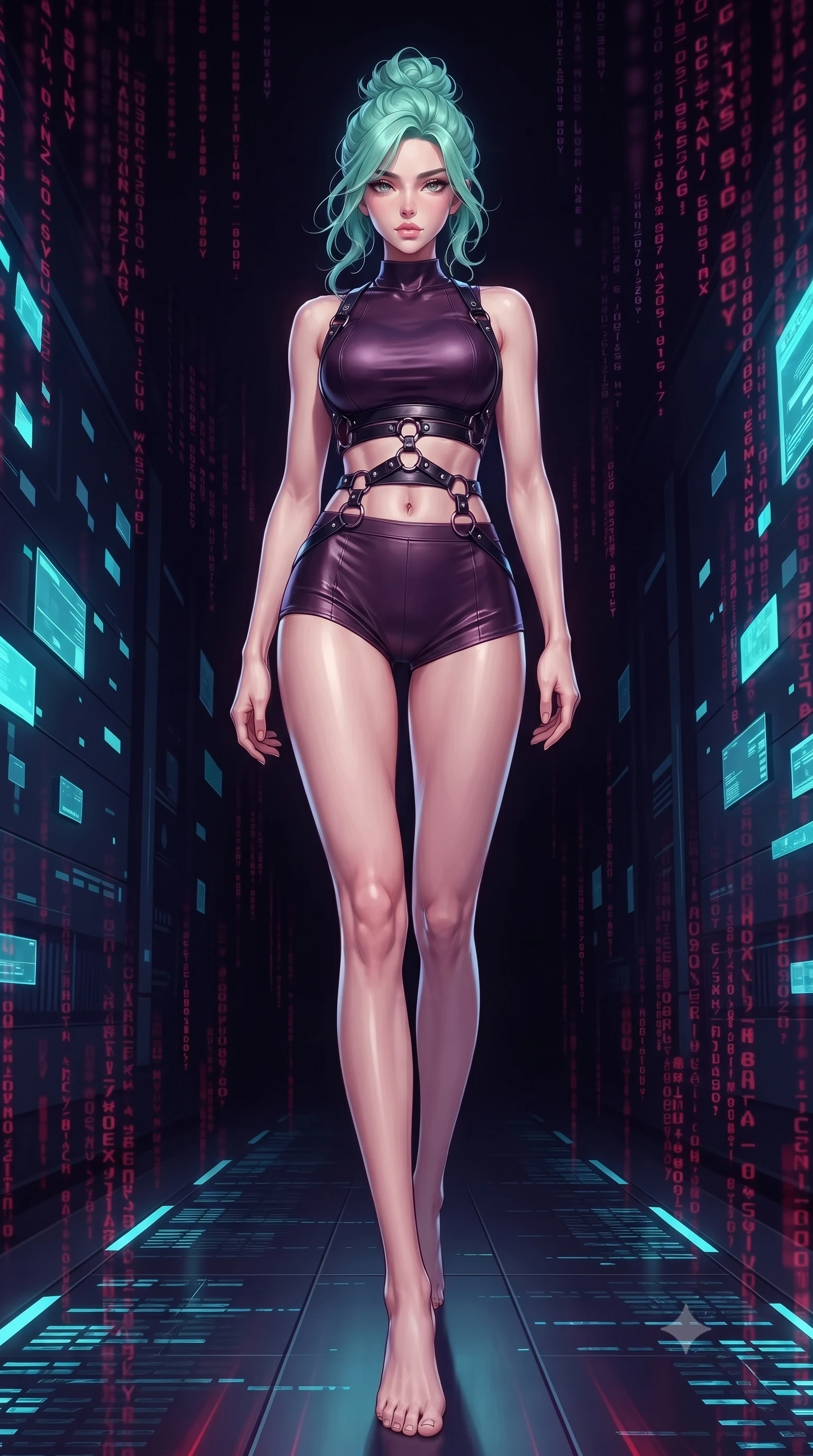 score_9, masterpiece, best quality, ultra-detailed, high-budget anime keyframe, editorial fashion photography, tasteful artistic composition, Japanese woman. low angle full-body shot from head to toe showing her feet, filling the entire 9:16 vertical frame with her statuesque presence, stretching her vertical silhouette. navigating the midnight sanctuary with an effortless, graceful stride, navigating a dark virtual reality corridor lined with glowing cyan data shards, cascading streams of dark purple and crimson digital code around her. She has an absolutely perfect, statuesque 8.5-heads proportion, an exceptionally tall and slender model-like female figure with impossibly long slender legs and an ultra-slim waist. sharp v-shaped jawline, high-bridge nose, intricate jewel-like eyes with depth, thick eyelashes, glossy lips with a natural sheen. wearing high-cut micro-shorts and crop top set with dark leather harness in dark plum violet, made of polished black leather, trimmed with dark chrome ring hardware along the waist contours, accentuating her gracefully sculpted slender torso. illuminated by dark purple and cyan holographic data rays against a black void. highly saturated vibrant anime colors, detailed shading with soft gradients, rich glossy textures, high-contrast stereoscopic depth, volumetric dynamic lighting, master piece, 9:16 ratio