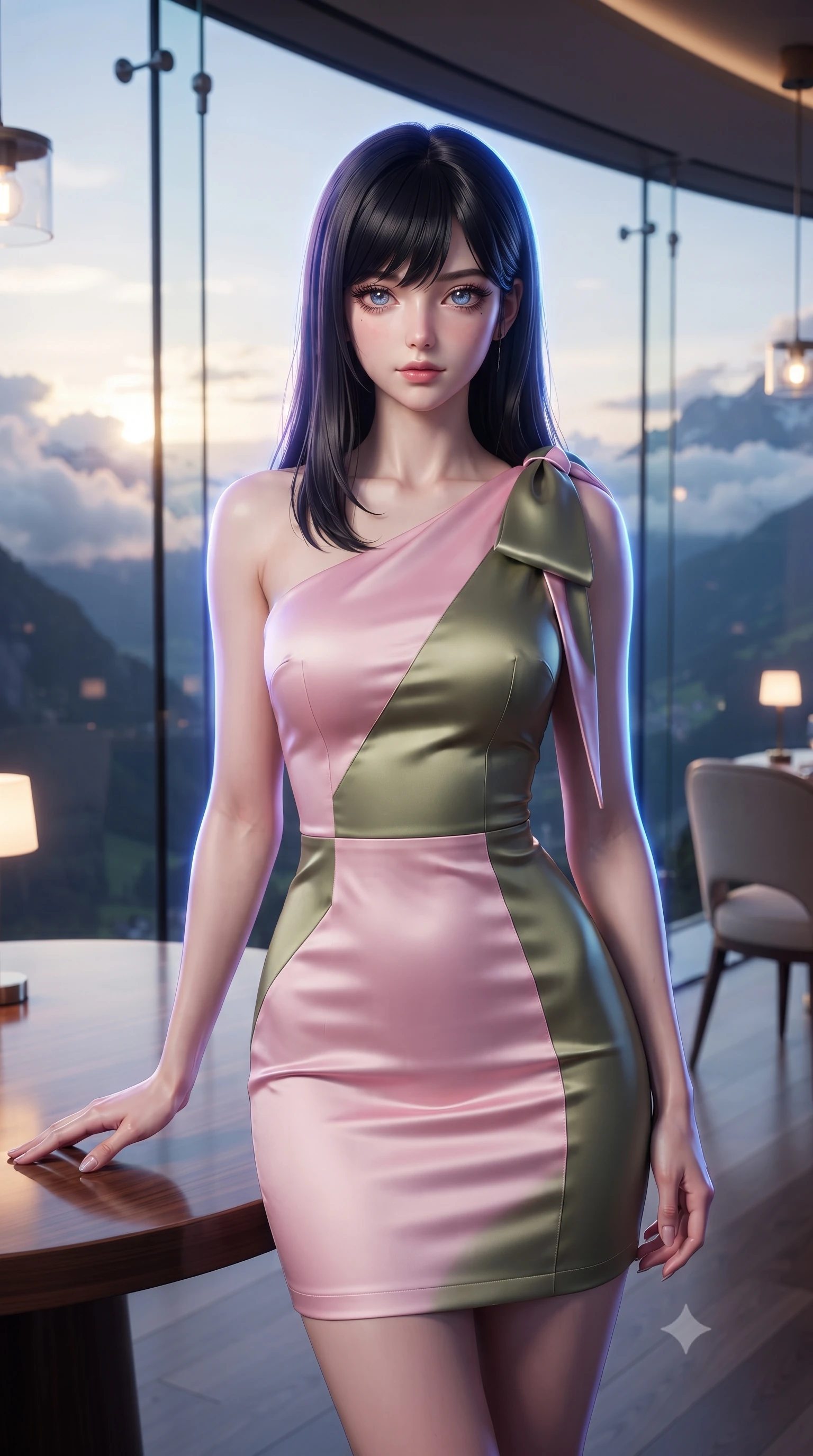 score_9, masterpiece, best quality, ultra-detailed, high-budget anime keyframe, editorial fashion photography, tasteful artistic composition, Caucasian woman, strictly human ears. close-up cowboy shot from the waist and thighs up, the character dominates the composition, filling the frame with her large presence, background elements kept in soft focus. Resting one arm elegantly against a surface with a poised relaxed stance. set against a soft-focus background of a restaurant with panoramic glass walls suspended by cables above a dramatic mountain valley with clouds drifting at table level and the sun setting between distant peaks visible through crystal-clear glass. She has an exceptionally elegant and slender, willowy female figure with an ultra-slim waist, a gracefully sculpted slender torso, and a refined slim physique. sharp v-shaped jawline, high-bridge nose, intricate jewel-like eyes with depth, thick eyelashes, glossy lips with a natural sheen. wearing a sleek asymmetric one-shoulder dress in pastel pink and olive green silk, following her slender frame with sharp lines. brilliant cinematic volumetric lighting with intense neon rim light outlining her form. 2k, ultra detail, master piece, 9:16 ratio