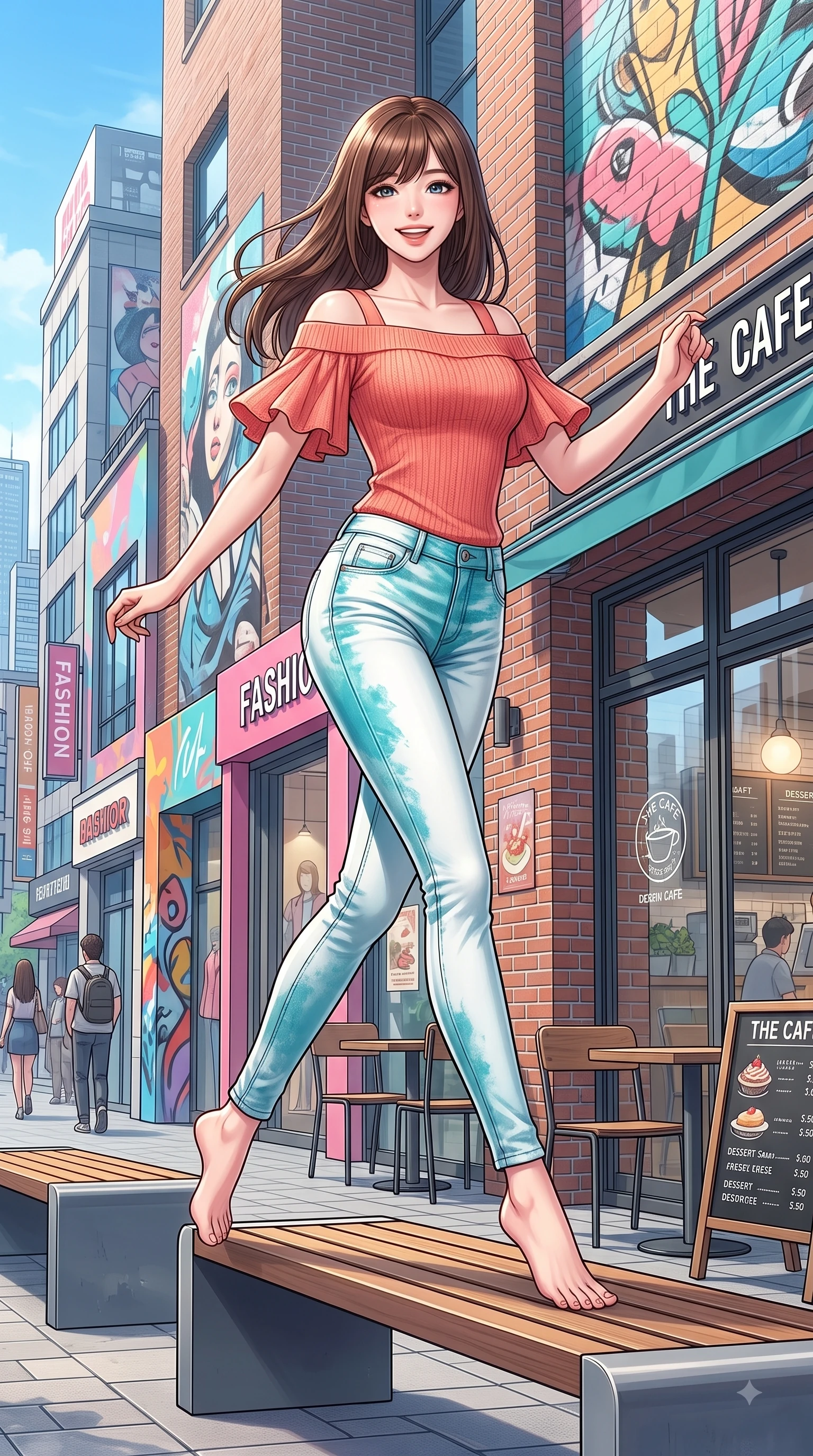 score_9, masterpiece, best quality, ultra-detailed, high-budget anime keyframe, editorial fashion photography, tasteful artistic composition, Korean woman. low angle full-body shot from head to toe showing her feet, filling the entire 9:16 vertical frame with her statuesque presence, stretching her vertical silhouette. leaping with pure youthful energy through the scene with a radiant bright smile, her long slender legs balanced gracefully while resting on a sleek modern outdoor bench outside a trendy dessert cafe with a joyful expression. The surrounding environment is rendered in vivid detail and crisp panoramic clarity. modern brick architecture, vibrant fashion storefronts, and lively street art murals in sharp clarity. She has an absolutely perfect, statuesque 8.5-heads proportion, an exceptionally tall and slender model-like female figure with impossibly long slender legs and an ultra-slim waist. sharp v-shaped jawline, high-bridge nose, intricate jewel-like eyes with depth, thick eyelashes, glossy lips with a natural sheen, flawlessly proportioned anatomical accuracy, natural body alignment, perfectly sculpted elegant limbs, clean dynamic posture without body distortion. wearing a stylish off-shoulder coral knit top with slim-fit white stretch denim pants in ocean turquoise and sea-salt white, crafted from smooth fluid silk satin, featuring elegant flutter sleeves and a graceful square neckline, the breezy lightweight fabric fluttering softly against her delicate frame. illuminated by crisp clear afternoon key light and vibrant street highlights. highly saturated vibrant anime colors, detailed shading with soft gradients, rich glossy textures, high-contrast stereoscopic depth, volumetric dynamic lighting, master piece, 9:16 ratio