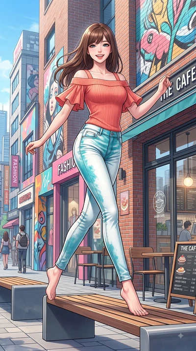 score_9, masterpiece, best quality, ultra-detailed, high-budget anime keyframe, editorial fashion photography, tasteful artistic composition, Korean woman. low angle full-body shot from head to toe showing her feet, filling the entire 9:16 vertical f