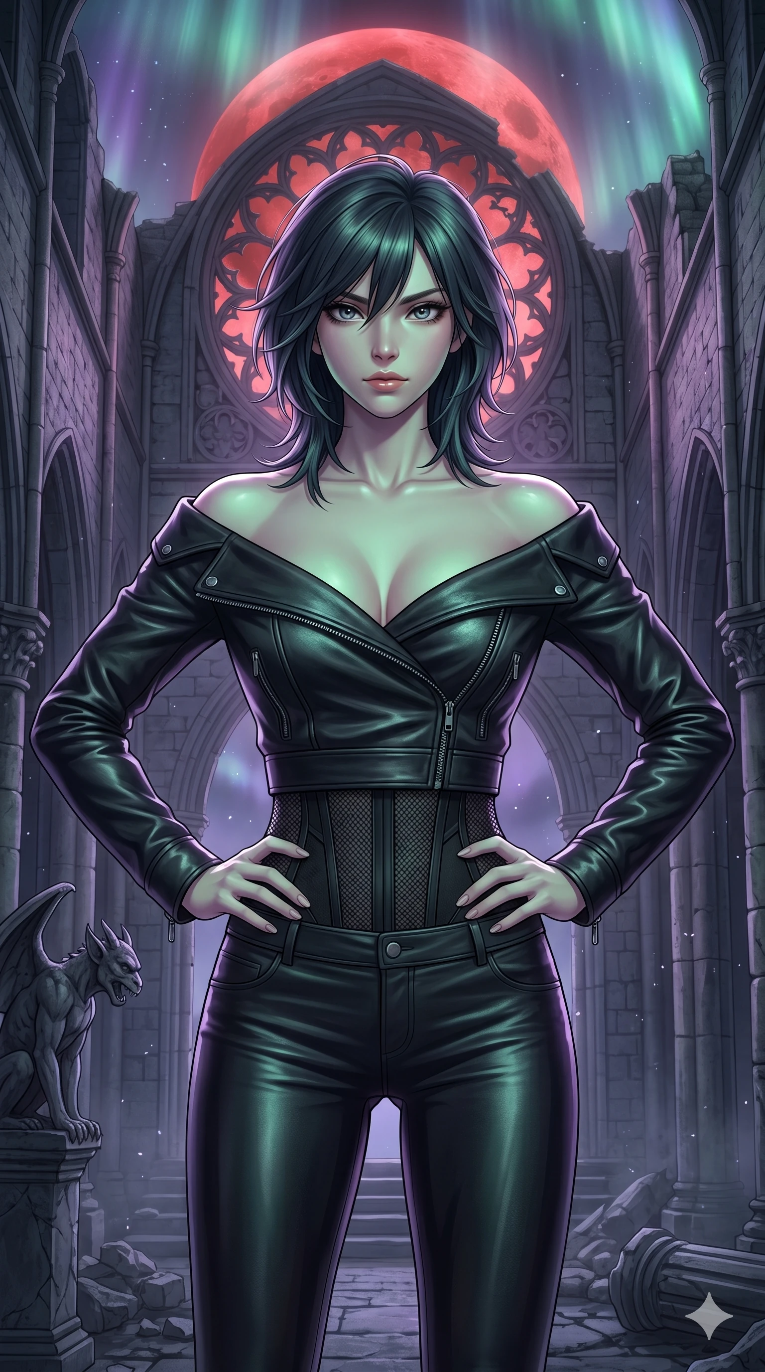score_9, masterpiece, best quality, ultra-detailed, high-budget anime keyframe, editorial fashion photography, tasteful artistic composition, Caucasian woman, strictly human ears. cowboy shot from the thighs up, character and outfit filling the frame for maximum editorial presence. holding a confident power pose with both hands on her hips, her eyes staring down the viewer with icy coldness standing inside a gothic cathedral ruins under a giant blood-red moon (Scenario Code H-5). She has an absolutely perfect 8-heads proportion, an exceptionally tall and slender female figure with impossibly long slender legs and an ultra-slim waist. V-shaped jawline, high-bridge nose, intricate jewel-like eyes with depth, thick eyelashes, glossy lips with a natural sheen. wearing an asymmetric black leather wrap jacket unzipped deeply to show her bare shoulders and clavicle lines. illuminated by a shifting aurora light from above, casting cold green and violet tones. 2k, ultra detail, master piece, 9:16 ratio