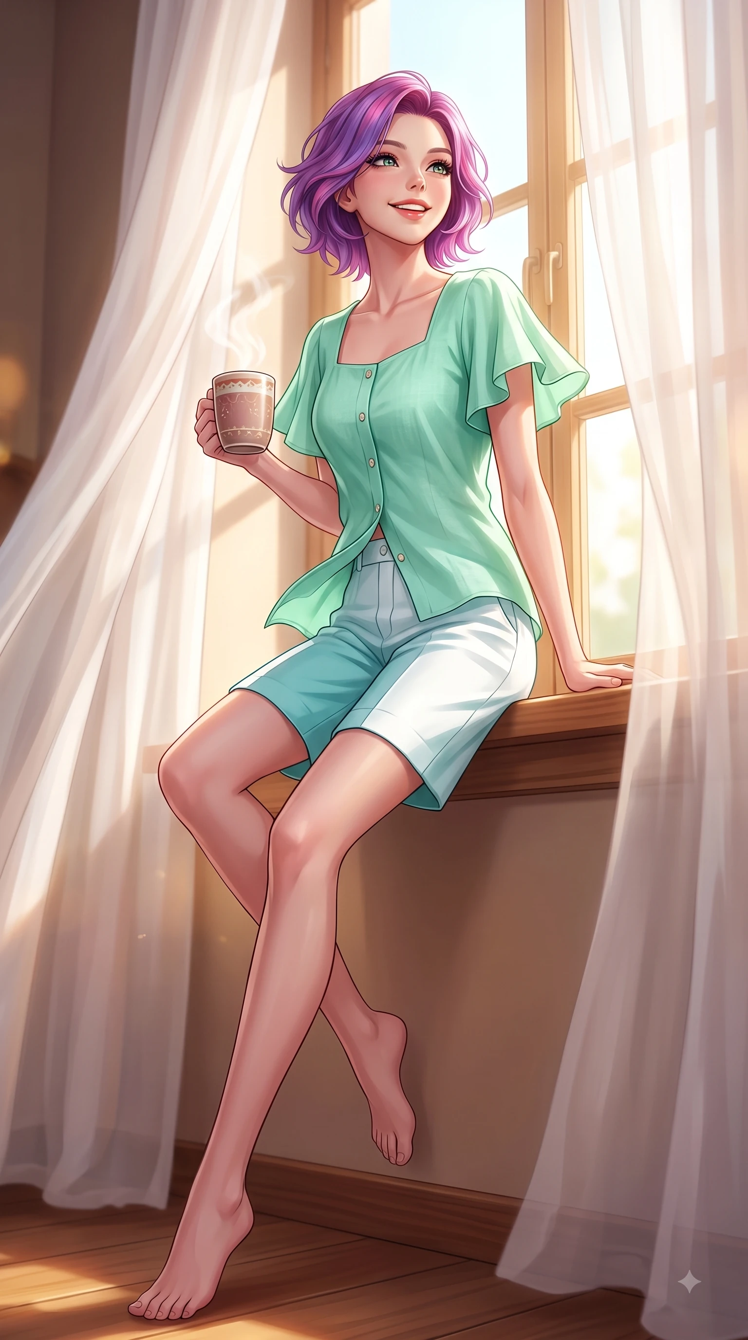 score_9, masterpiece, best quality, ultra-detailed, high-budget anime keyframe, editorial fashion photography, tasteful artistic composition, Caucasian woman. low angle full-body shot from head to toe showing her feet, filling the entire 9:16 vertical frame with her statuesque presence, stretching her vertical silhouette. performing a cheerful mid-motion turn with flawless poise, her radiant smile capturing fresh girlhood energy while sitting near a sun-drenched window sill holding a warm mug of cocoa with a tender, happy expression. The composition keeps background elements in soft focus with dreamy bokeh. soft sheer white curtains and sunlit window frames softened by warm interior depth of field. She has an absolutely perfect, statuesque 8.5-heads proportion, an exceptionally tall and slender model-like female figure with impossibly long slender legs and an ultra-slim waist. sharp v-shaped jawline, high-bridge nose, intricate jewel-like eyes with depth, thick eyelashes, glossy lips with a natural sheen, flawlessly proportioned anatomical accuracy, natural body alignment, perfectly sculpted elegant limbs, clean dynamic posture without body distortion. wearing a fresh mint green linen button-down shirt paired with tailored white Bermuda shorts in ocean turquoise and sea-salt white, crafted from soft breathable linen, featuring elegant flutter sleeves and a graceful square neckline, the breezy lightweight fabric fluttering softly against her delicate frame. illuminated by cozy ambient indoor glow and clean natural sunlight. highly saturated vibrant anime colors, detailed shading with soft gradients, rich glossy textures, high-contrast stereoscopic depth, volumetric dynamic lighting, master piece, 9:16 ratio