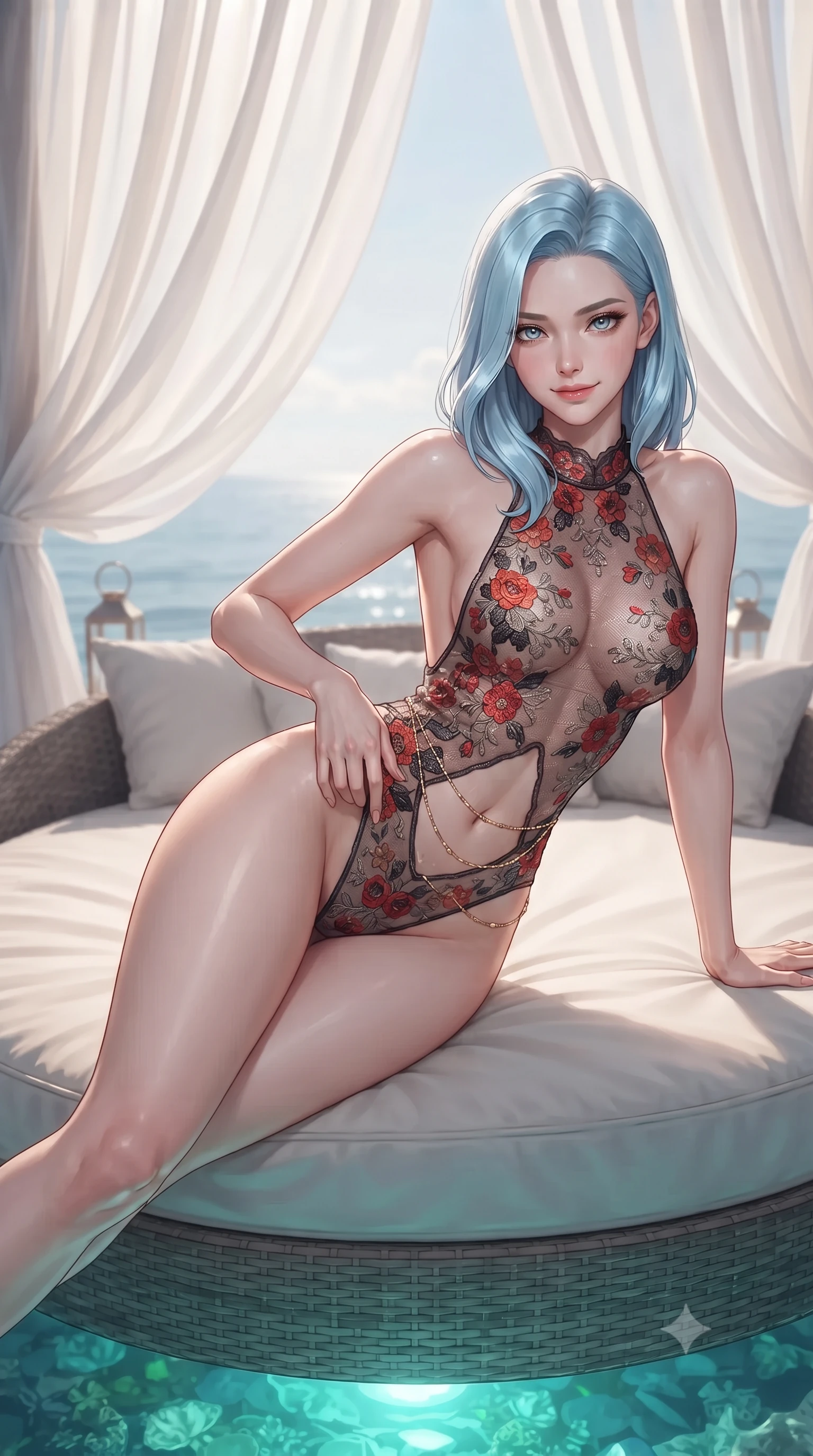 score_9, masterpiece, best quality, ultra-detailed, high-budget anime keyframe, editorial fashion photography, tasteful artistic composition, Korean woman. close-up cowboy shot from the waist and thighs up, the character dominates the composition, filling the frame with her large presence. leaning forward while arching her lower back to accentuate her curvy hips, looking into the camera with an intoxicating smoldering gaze and bedroom-eyes while lounging gracefully across the circular daybed propped on one elbow with legs extended, displaying her long slender limbs and statuesque hourglass silhouette against the sea. The background shows a soft-focus billowing sheer white outdoor gauze drapes softened in ultra-luxury island sanctuary shallow focus. She has an exceptionally elegant, slender, and willowy female figure with an ultra-slim waist, flat toned midriff, narrow ribcage, and sculpted feminine hips creating an alluring, slim hourglass silhouette without bulk. sharp v-shaped jawline, high-bridge nose, intricate jewel-like sparkling eyes with depth, thick eyelashes, glossy parted lips with a natural peach sheen, bright cheerful beaming smile with an enchanting and coquettish sensual glint, exuding both youthful cute charm and seductive allure, flawlessly proportioned anatomical accuracy, strict slender model proportions, natural body alignment, perfectly sculpted long slender limbs, ultra-slim waistline, clean dynamic posture without body distortion. wearing an alluring backless sheer lace leotard with high-cut leg openings and delicate floral embroidery framing her spine in Reinefjorden rorbu vermilion red and obsidian granite, woven from structured British tweed with subtle metallic flecks, accented with a dainty gold belly chain resting across her flat midriff and curving hips, the liquid-tight tailored fabric clinging flawlessly to her narrow waist and rounded feminine hips, emphasizing every millimeter of her sculpted slim hourglass curves without any bulky heaviness. bathed in underwater reef cyan-and-green LEDs shining upward contrasted with warm 2700K deck lanterns and clear tropical starlight. ultra-reflective glossy finish, specular highlights, rich textural contrasts, high-contrast stereoscopic depth, volumetric dynamic lighting, 2k, ultra detail, master piece, 9:16 ratio