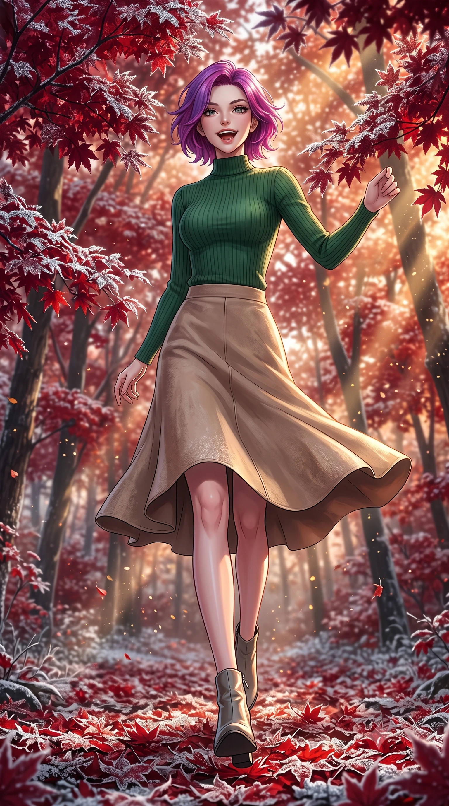 score_9, masterpiece, best quality, ultra-detailed, high-budget anime keyframe, editorial fashion photography, tasteful artistic composition, Caucasian woman, strictly human ears. low angle full-body shot from head to toe showing her feet, filling the entire 9:16 vertical frame with her statuesque presence, stretching her vertical silhouette. vaulting dynamically with an energetic laugh through walking through an autumn maple forest where every crimson leaf is covered in a sparkling layer of silver frost, creating a contrast of red and silver. She has a statuesque 8.5-heads proportion, an exceptionally tall, slender and willowy model-like build with impossibly long legs and a highly sculpted ultra-slim waist. sharp v-shaped jawline, high-bridge nose, intricate jewel-like eyes with depth, thick eyelashes, glossy lips with a natural sheen. wearing a body-hugging high-neck forest green ribbed sweater paired with a beige suede midi skirt. golden hour sunlight streaming in warm shafts with floating dust particles catching the light. 2k, ultra detail, master piece, 9:16 ratio