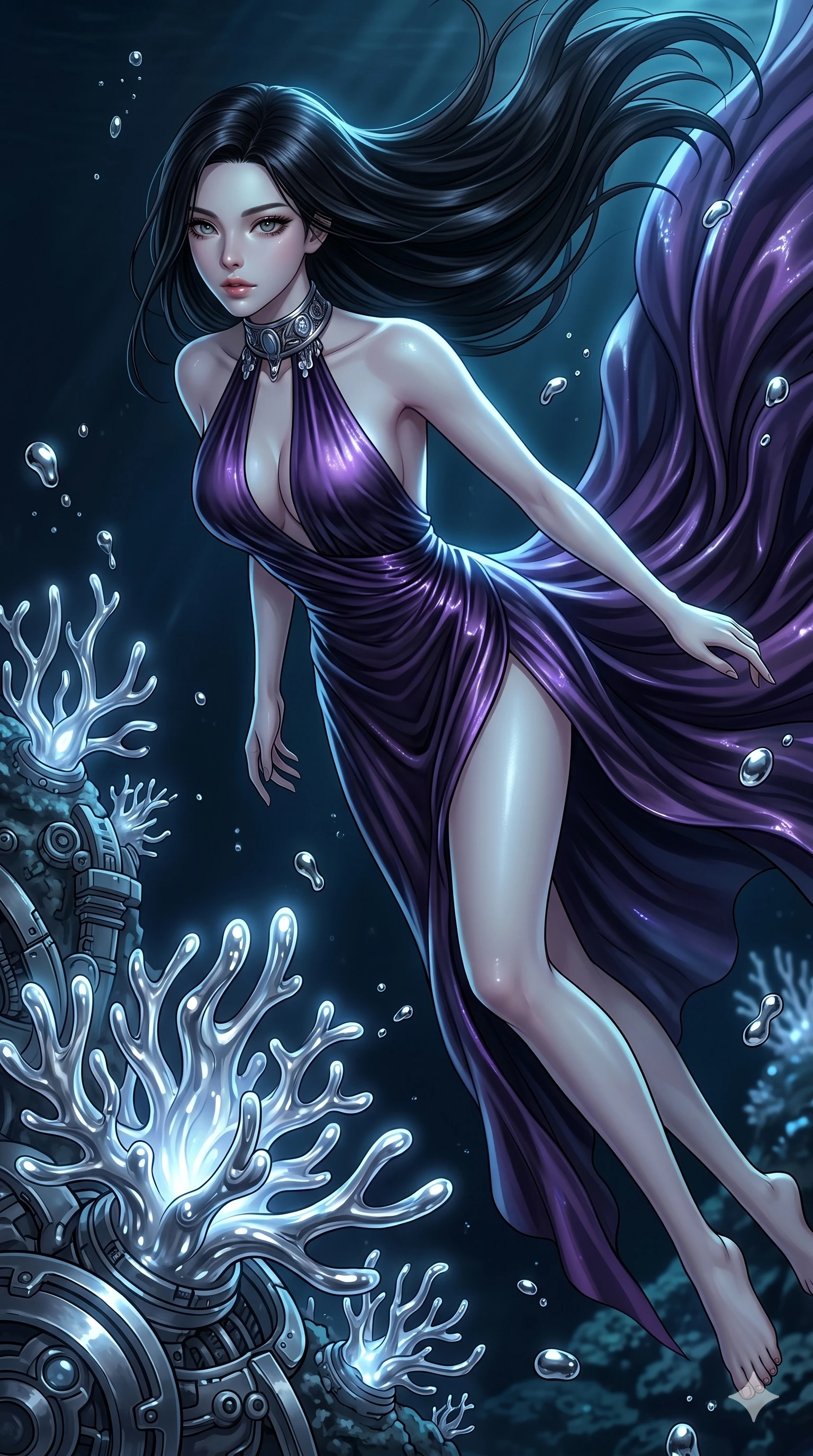 score_9, masterpiece, best quality, ultra-detailed, high-budget anime keyframe, Korean woman. upper body close-up from the thighs up, character filling the screen for maximum presence. diving through a bionic fluid mercury reef where self-replicating liquid chrome corals pulse under dark ocean water. She has an absolutely perfect 8-heads proportion, an exceptionally tall and slender female figure with impossibly long slender legs and an ultra-slim waist. V-shaped jawline, high-bridge nose, intricate jewel-like eyes with depth, thick eyelashes, glossy lips with a natural sheen.. wearing a gothic liquid silk gown, featuring a deep purple liquid silk maxi gown draped around her, secured by a metallic choker collar, with a high side slit. lit by a soft glowing ambient light and a sharp side key light that traces the sleek contours of her athletic build. 2k, ultra detail, master piece, 9:16 ratio